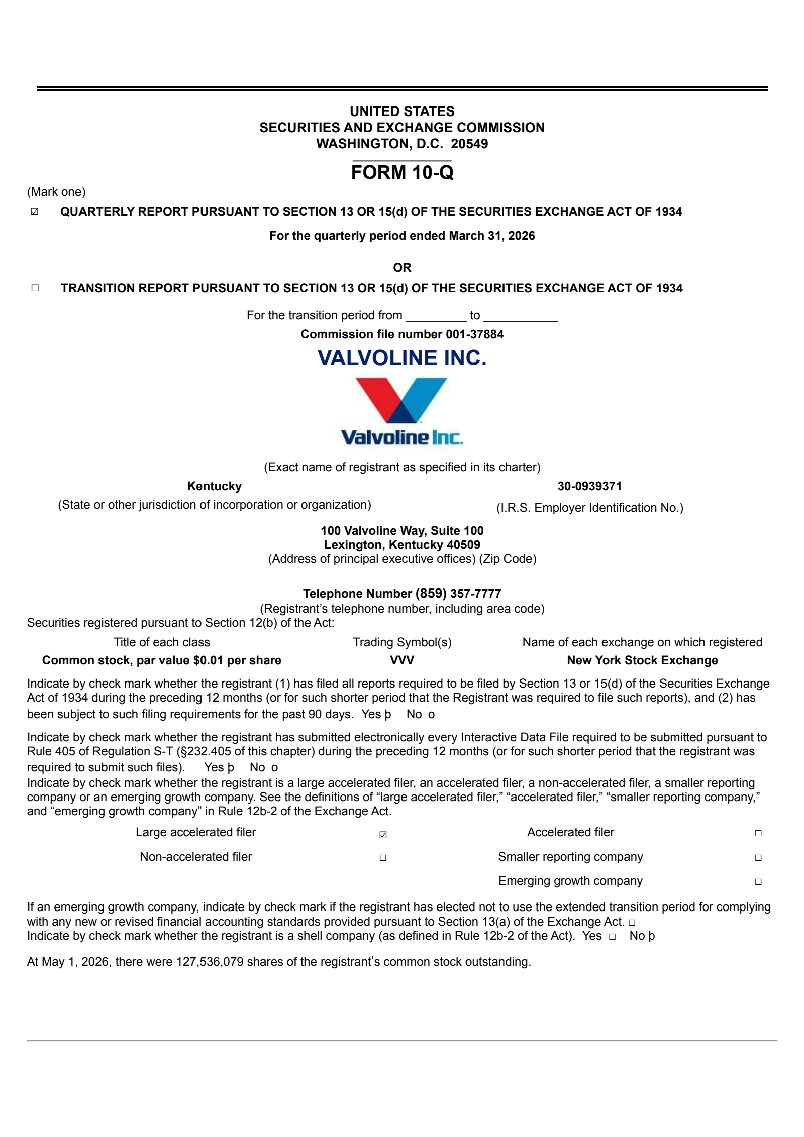 Valvoline's Q2 2026 Quarterly report
