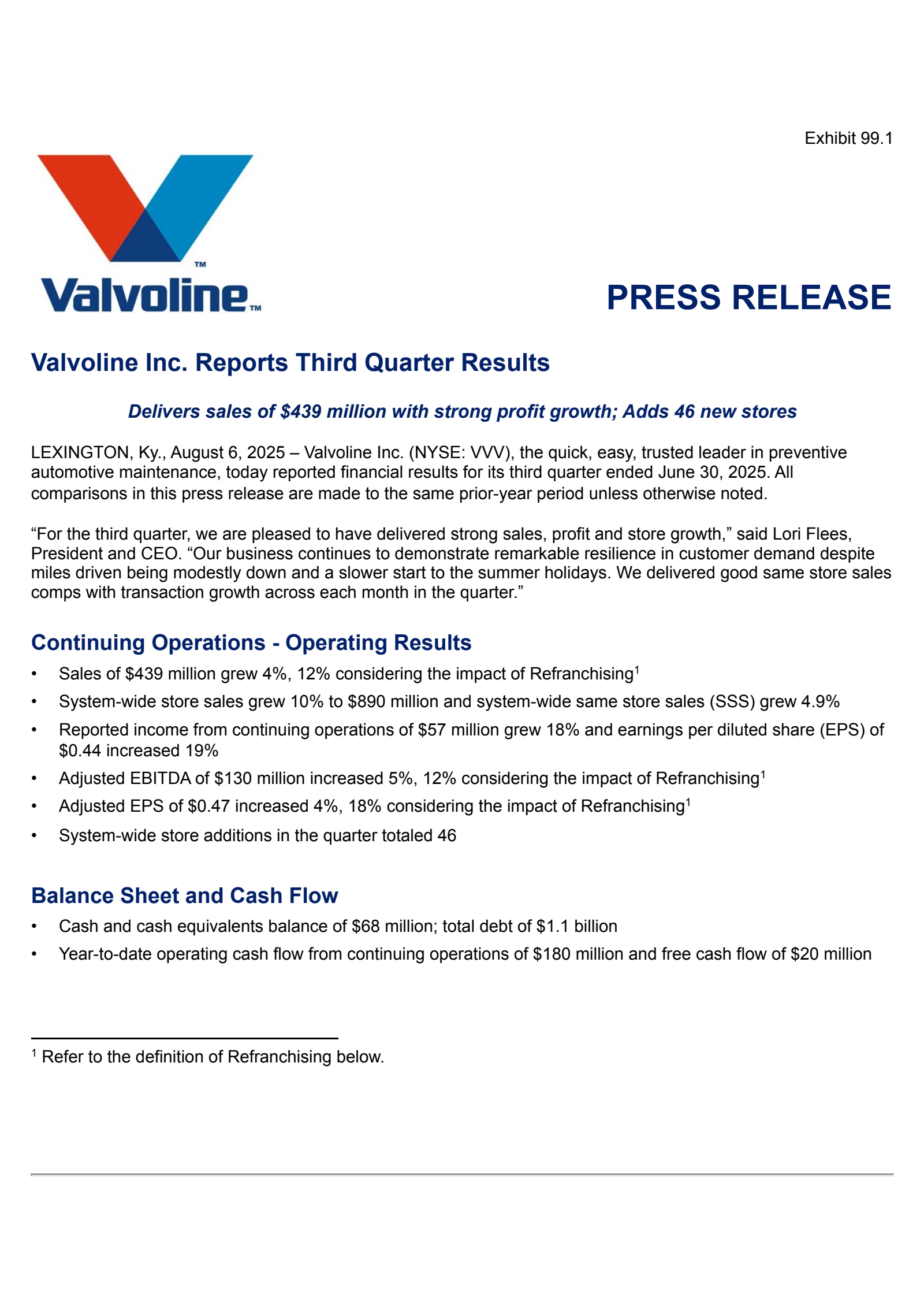 Valvoline's Q3 2025 Press Release