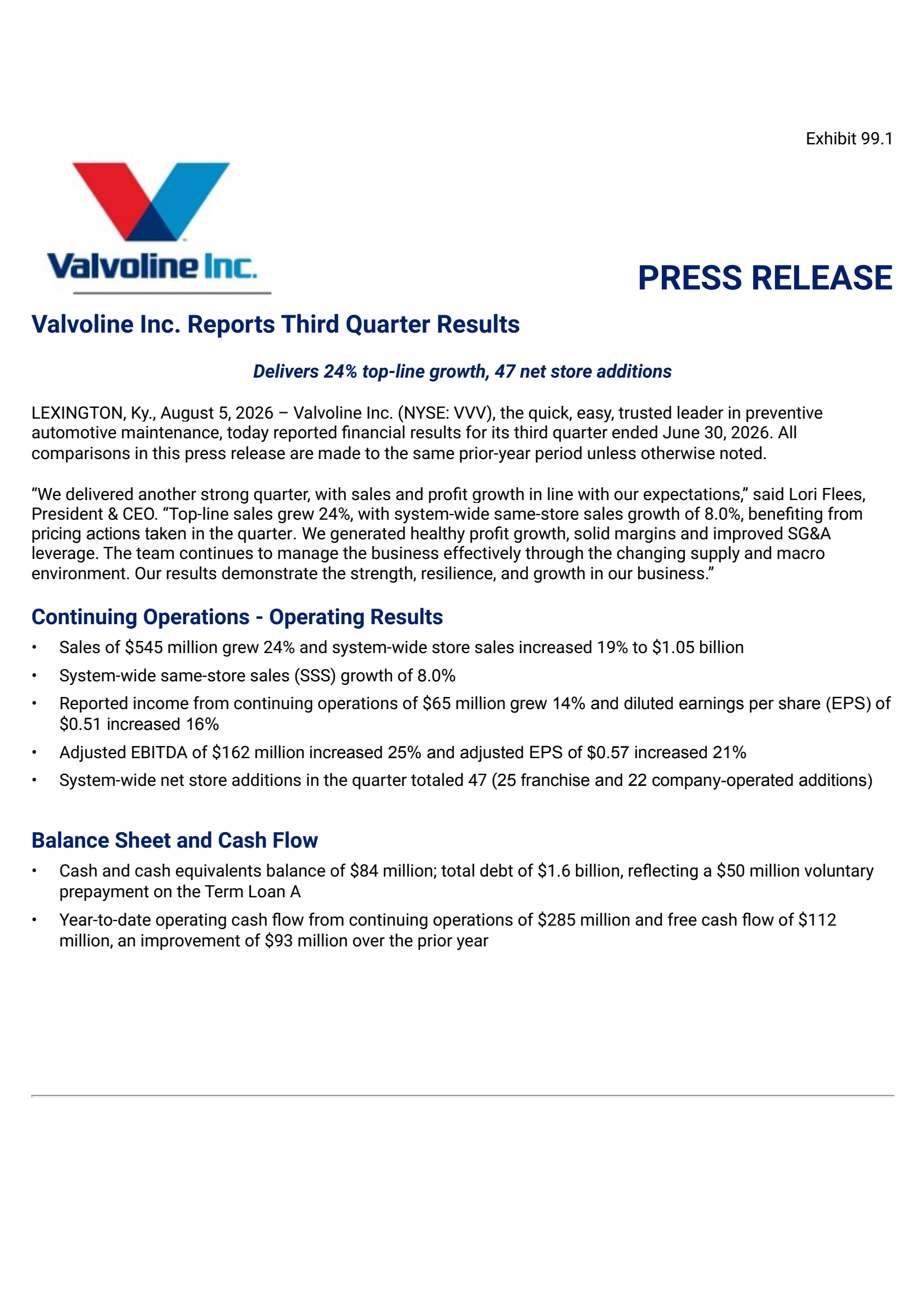 Valvoline's Q3 2026 Press Release