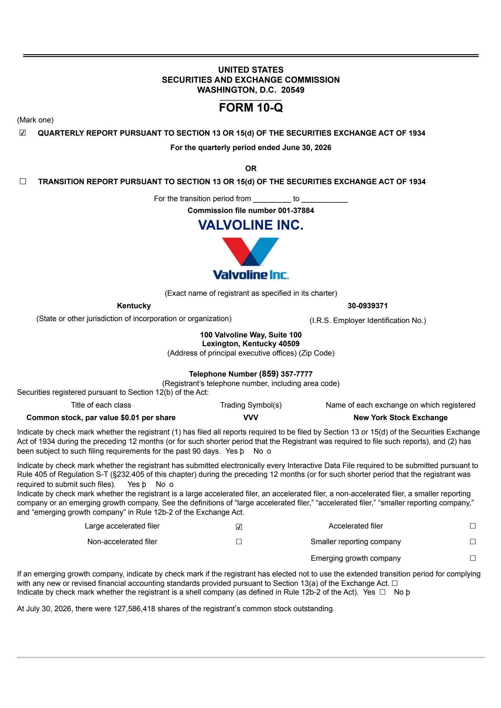Valvoline's Q3 2026 Quarterly report