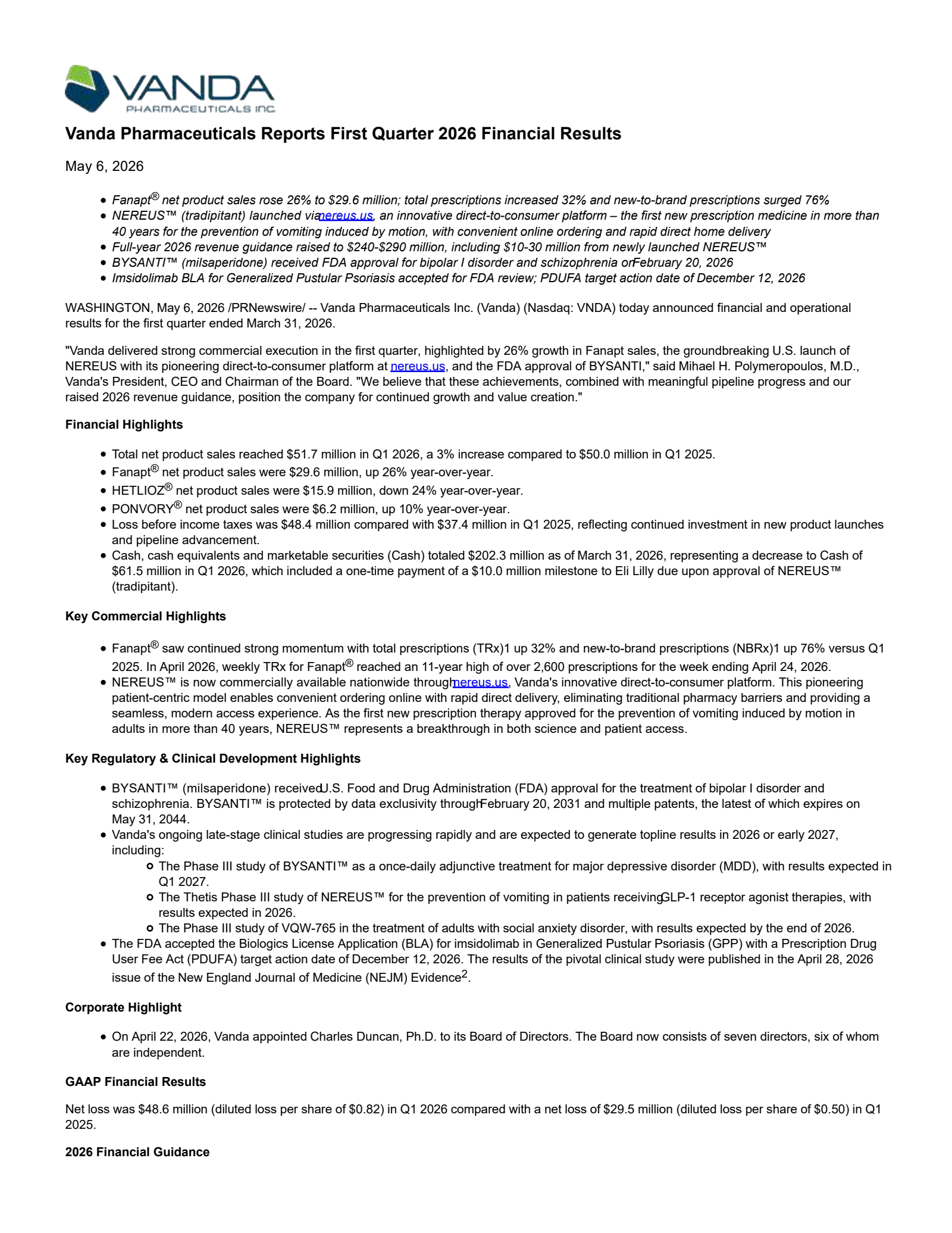 Vanda Pharmaceuticals' Q1 2026 Press Release