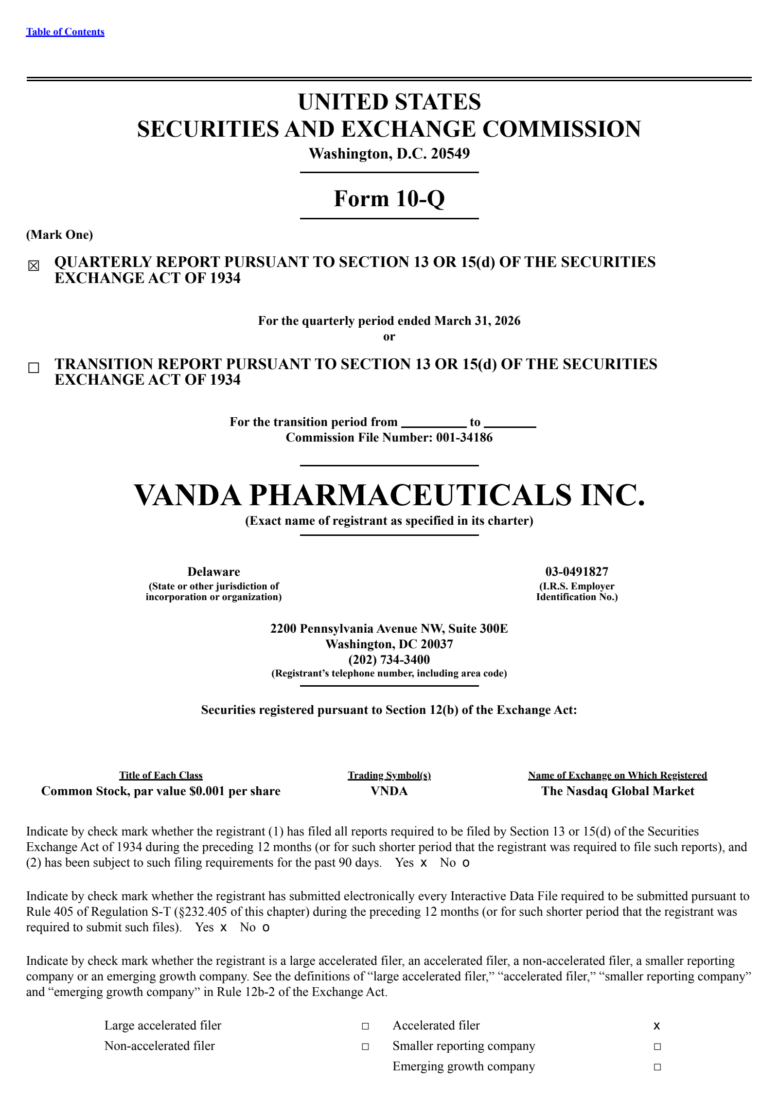 Vanda Pharmaceuticals' Q1 2026 Quarterly report