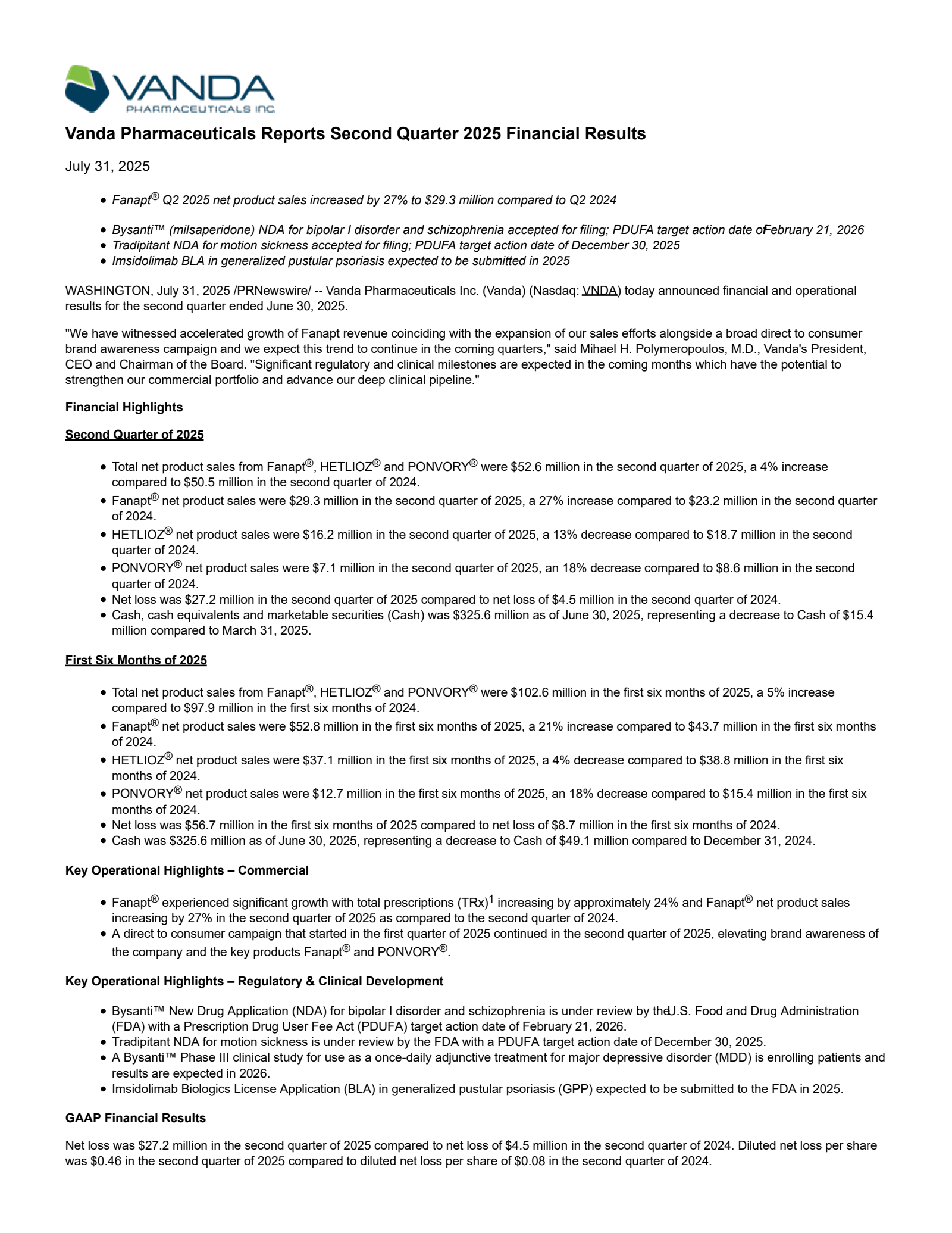 Vanda Pharmaceuticals' Q2 2025 Press Release