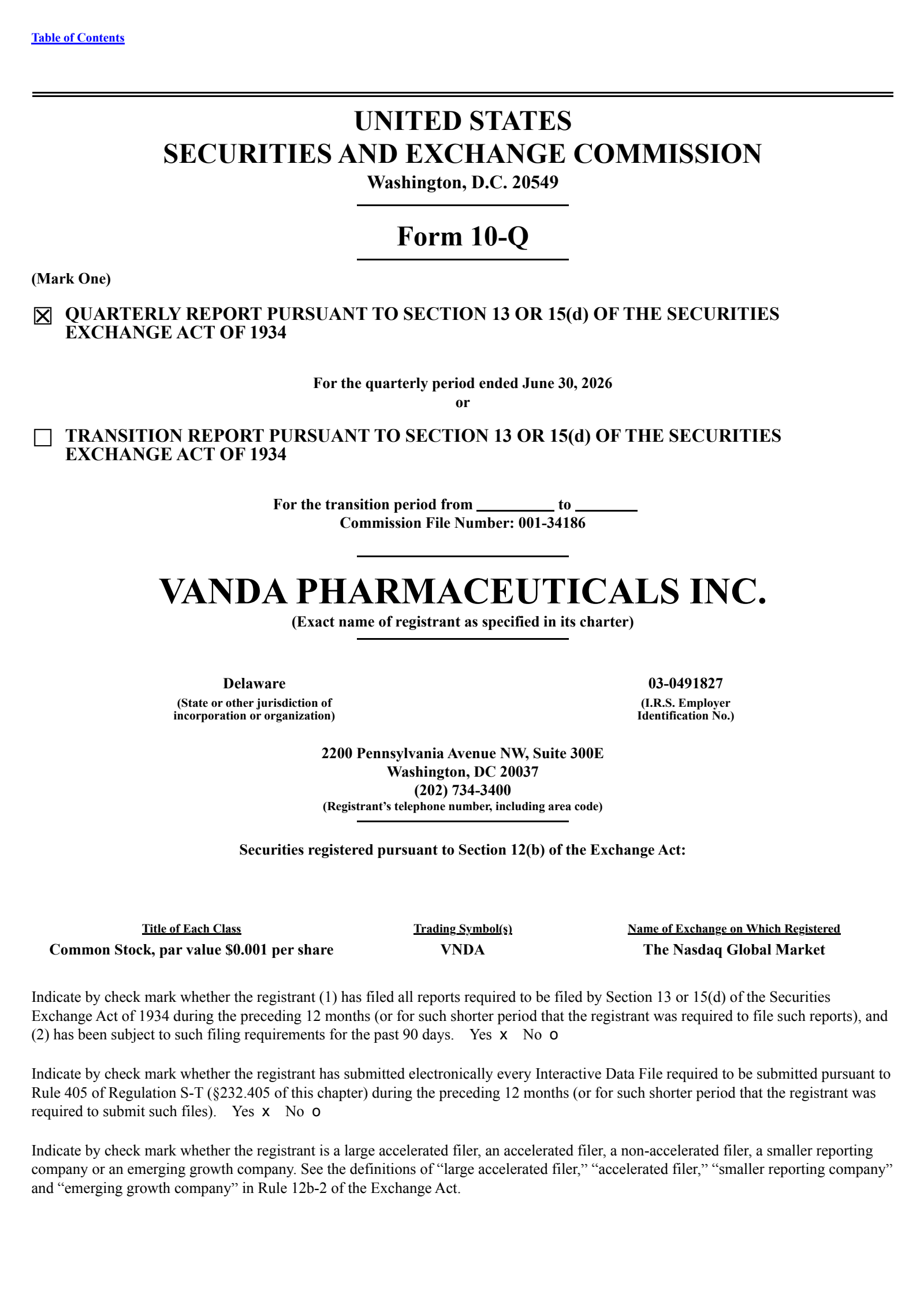 Vanda Pharmaceuticals' Q2 2026 Quarterly report