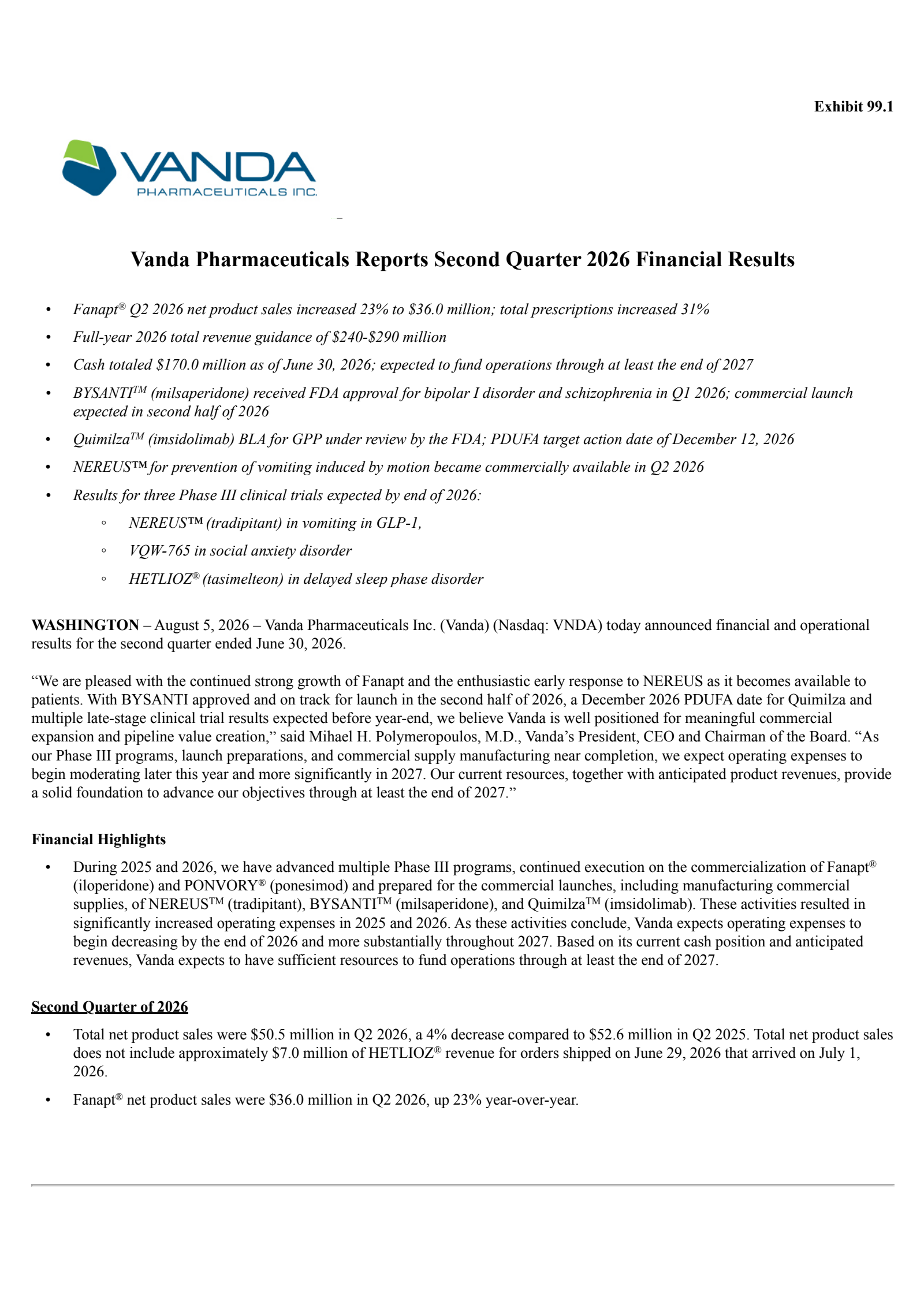 Vanda Pharmaceuticals' Q2 2026 Press Release