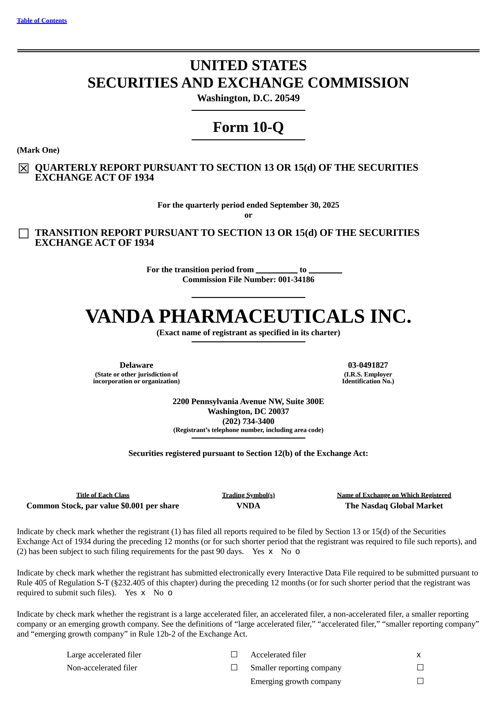 Vanda Pharmaceuticals' Q3 2025 Quarterly Report