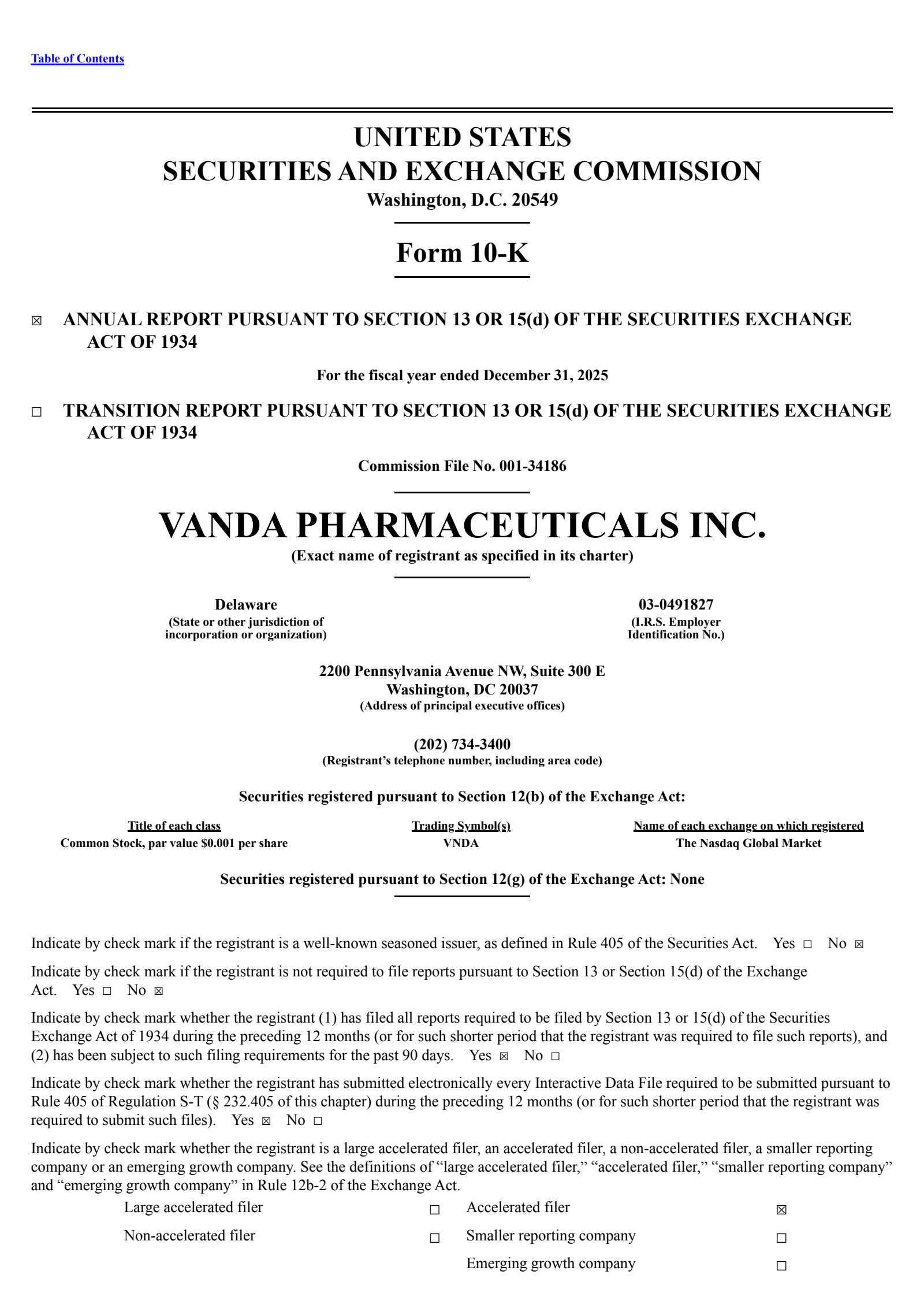 Vanda Pharmaceuticals' Q4 2025 Annual report