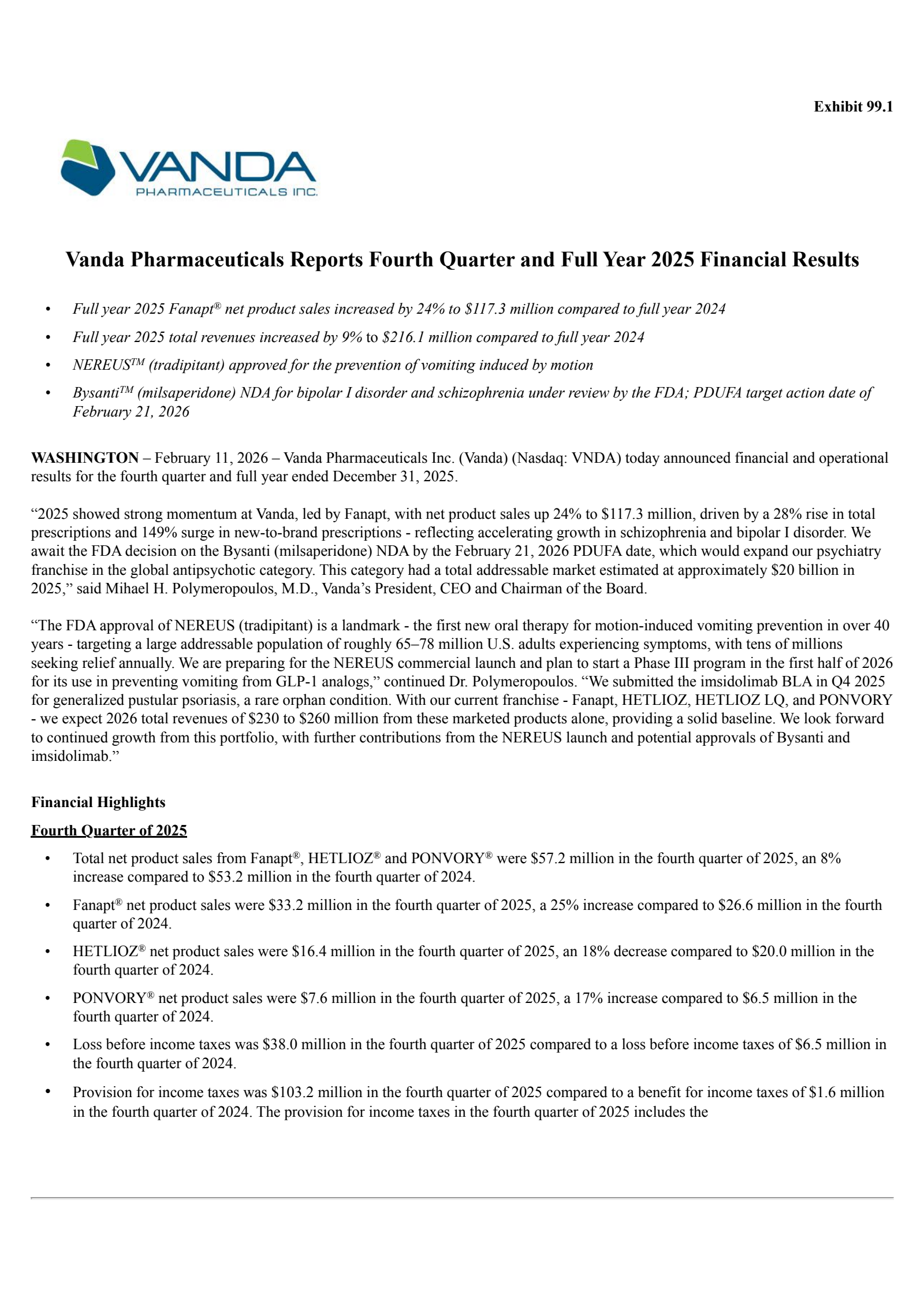 Vanda Pharmaceuticals' Q4 2025 Press Release