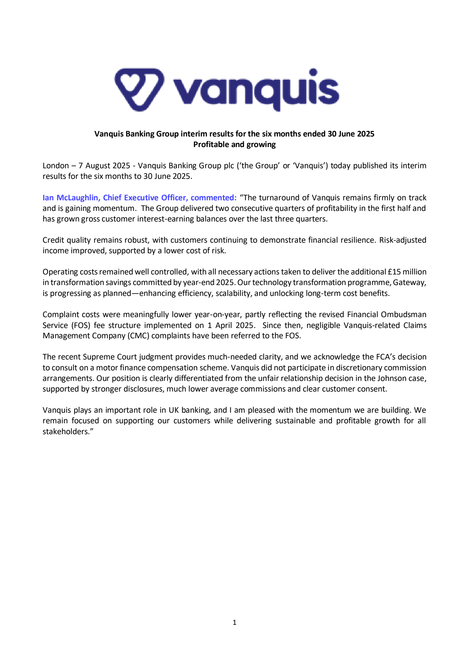 Vanquis Banking Group's H1 2025 Interim report