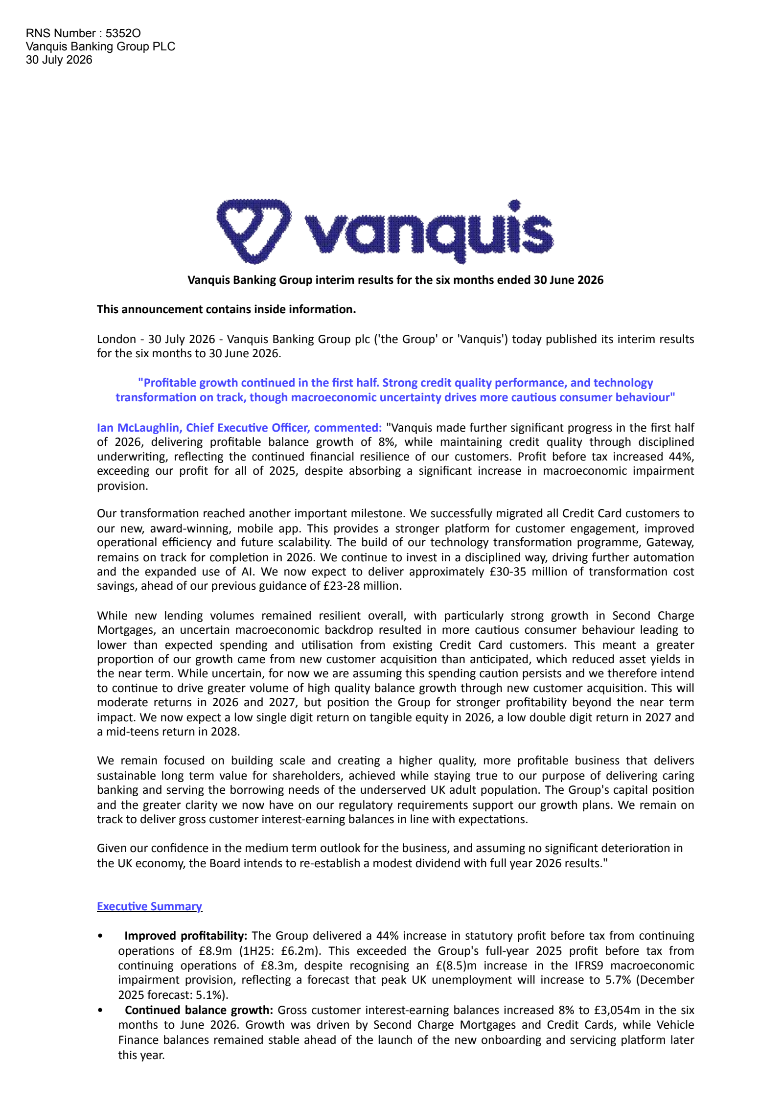 Vanquis Banking Group's H1 2026 Interim report