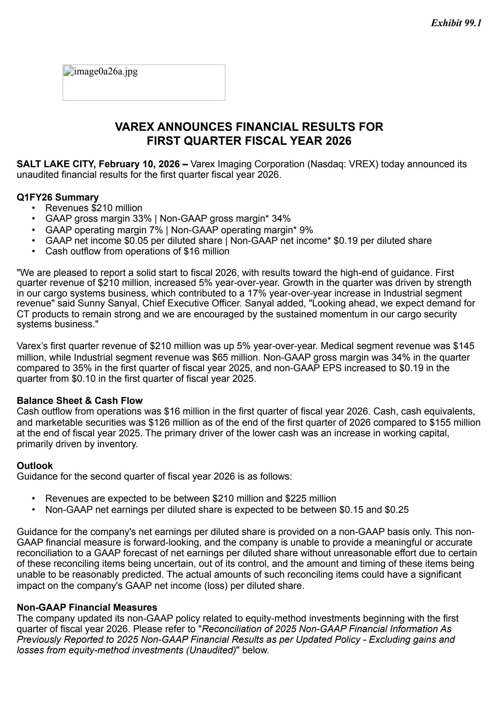 Varex Imaging's Q1 2026 Press Release