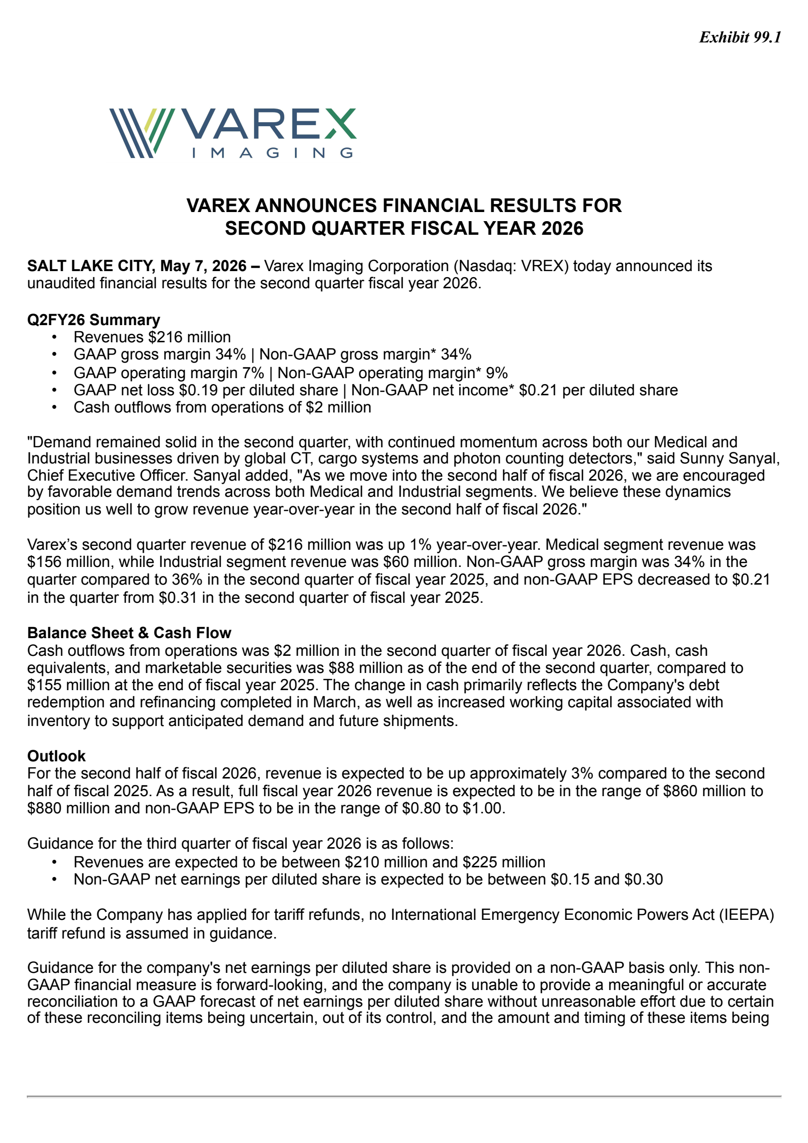 Varex Imaging's Q2 2026 Press Release