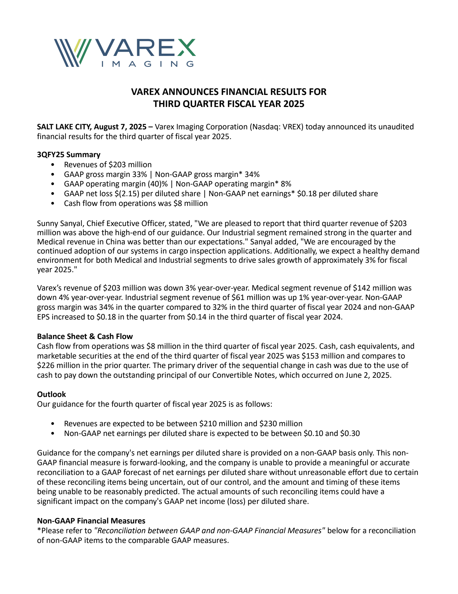 VAREX IMAGING's Q3 2025 Press Release