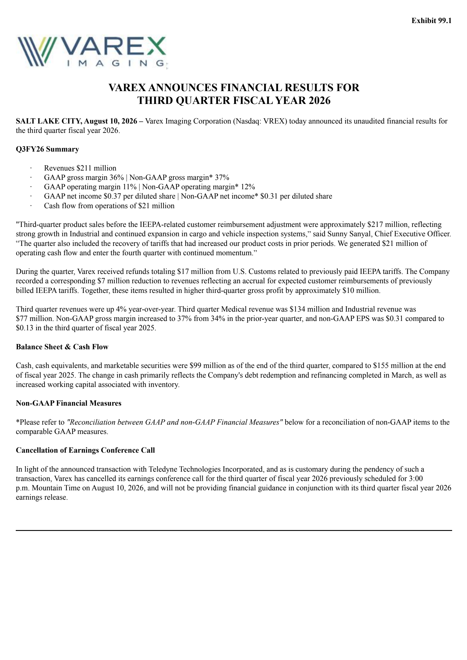 Varex Imaging's Q3 2026 Press Release