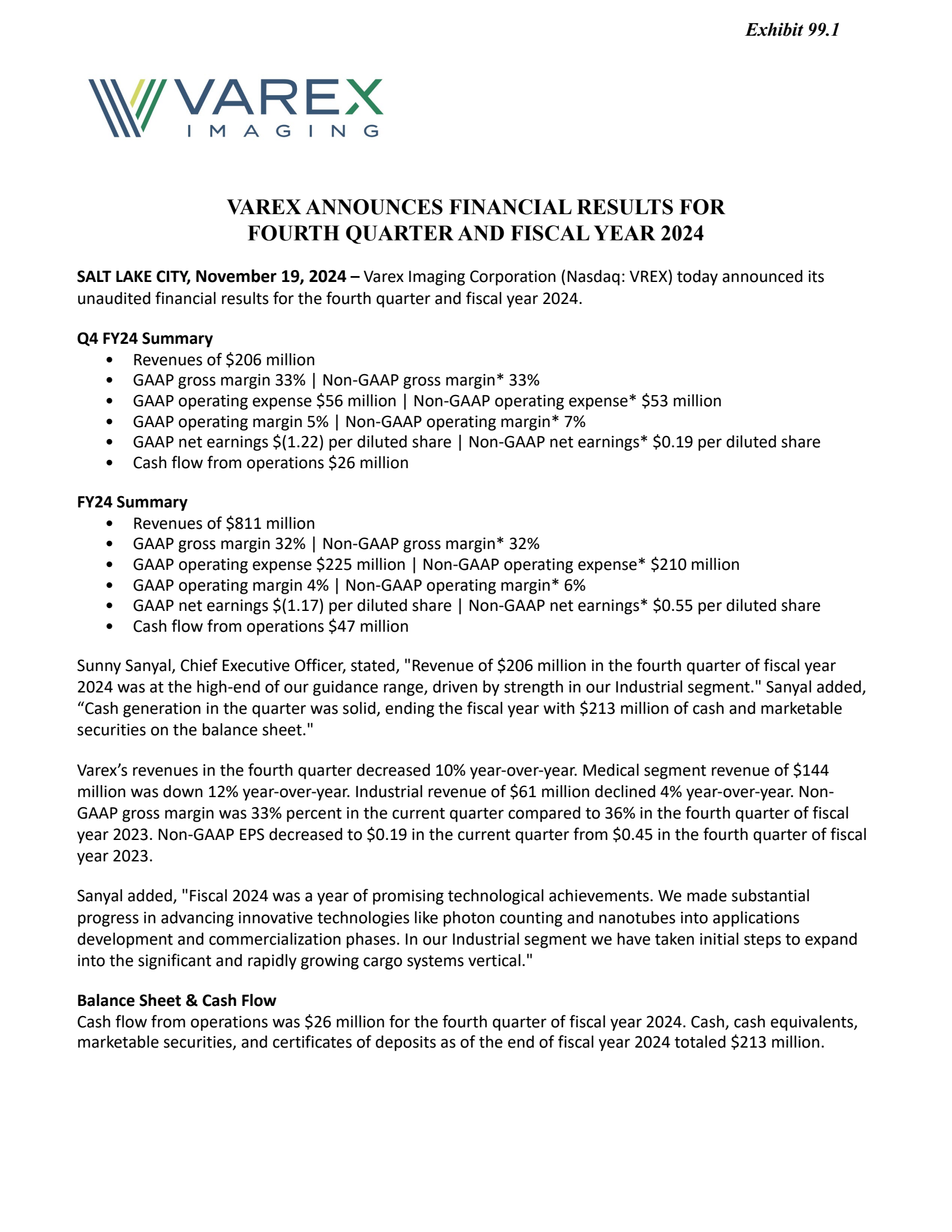 VAREX IMAGING's Q4 2024 Press Release