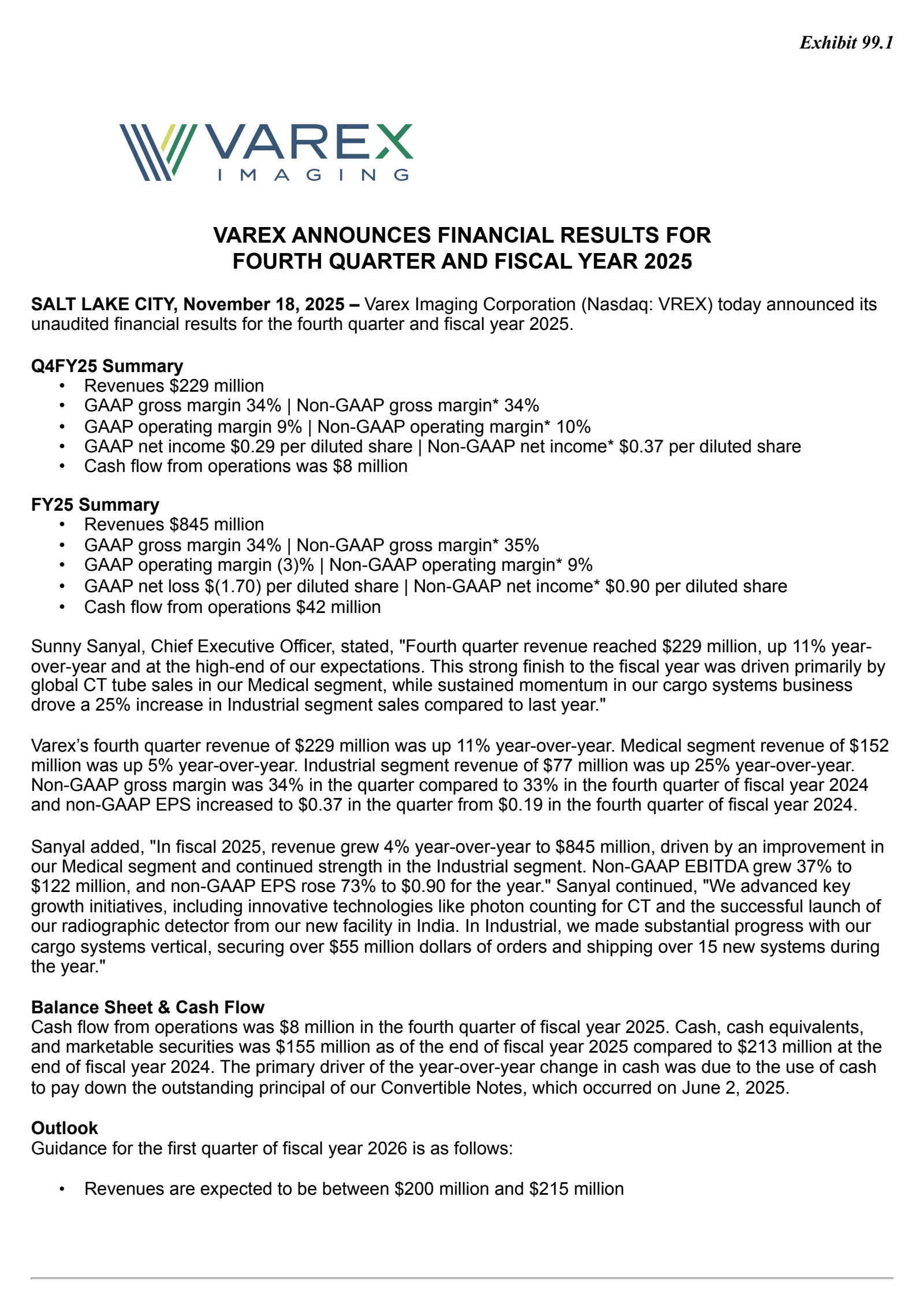 Varex Imaging's Q4 2025 Earnings Release