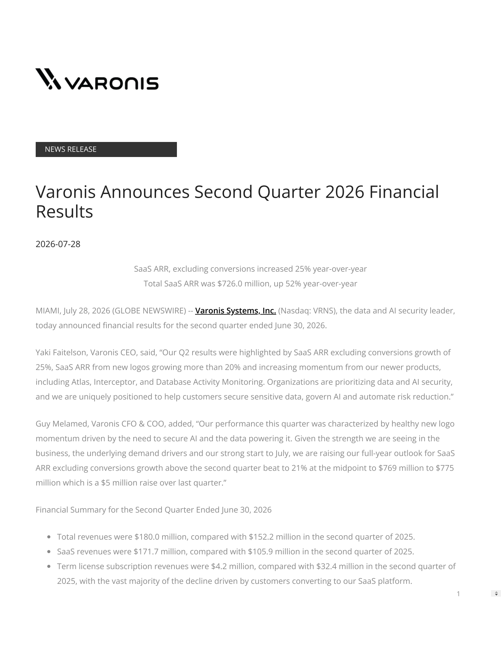 Varonis Systems' Q2 2026 Press Release