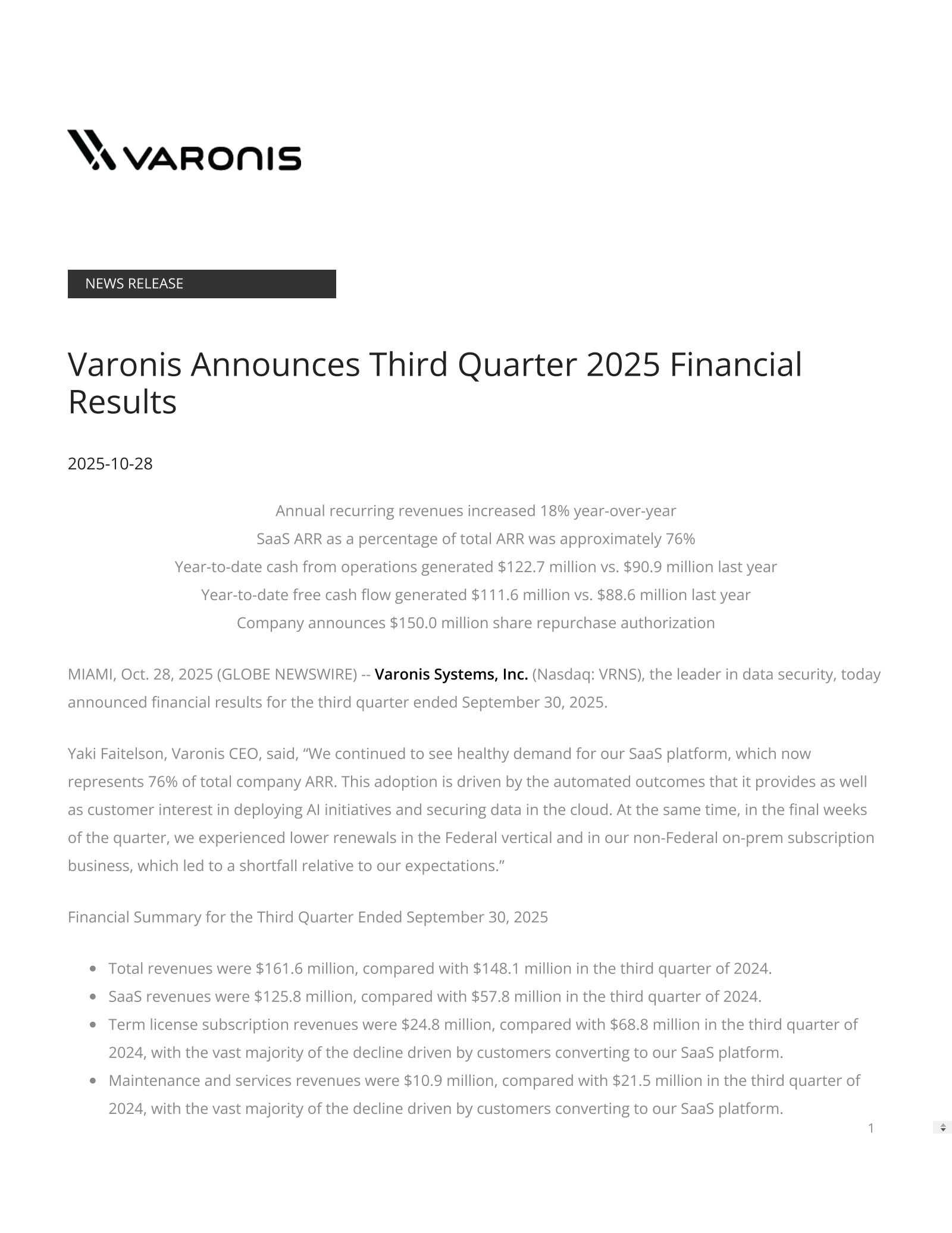 Varonis Systems' Q3 2025 Earnings Release