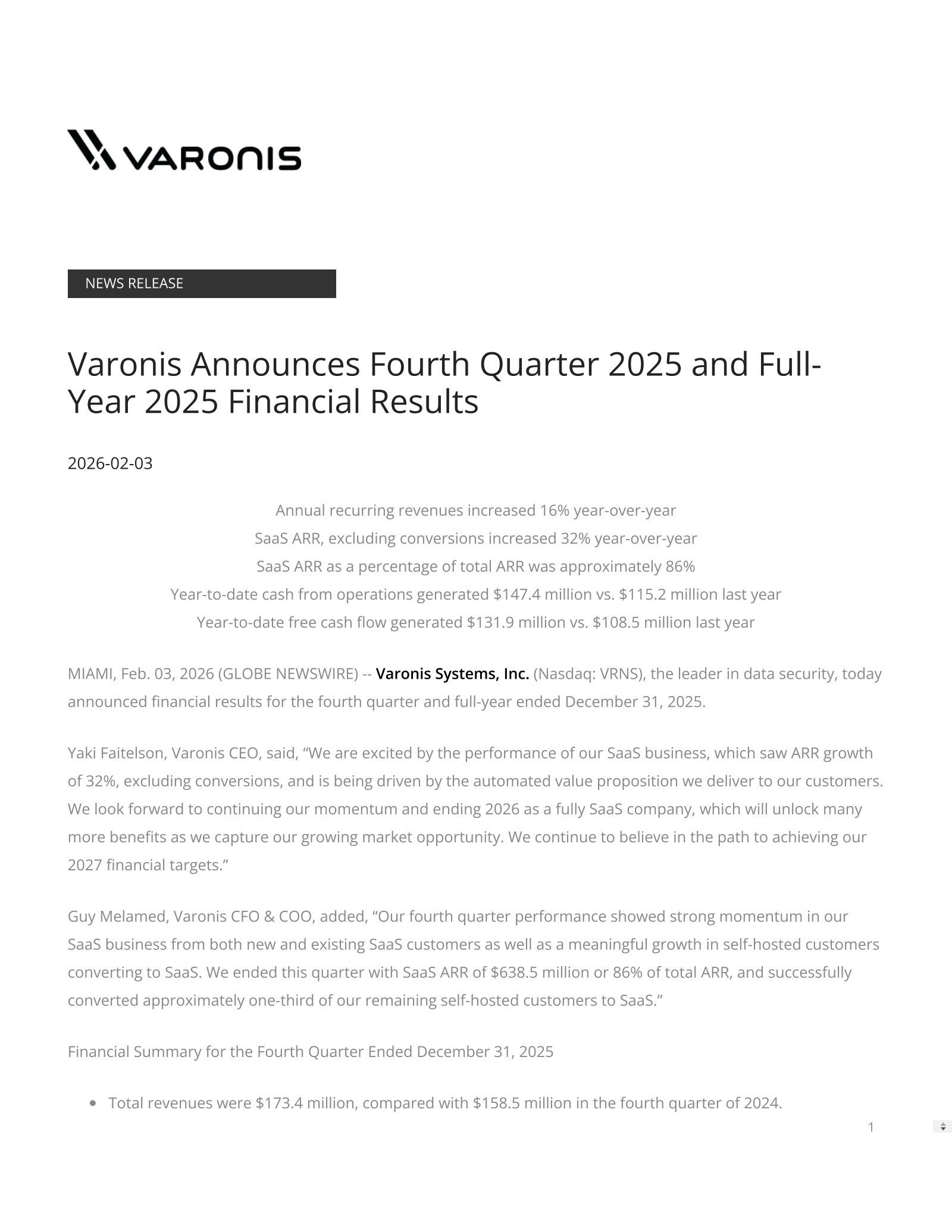 Varonis Systems' Q4 2025 Press Release