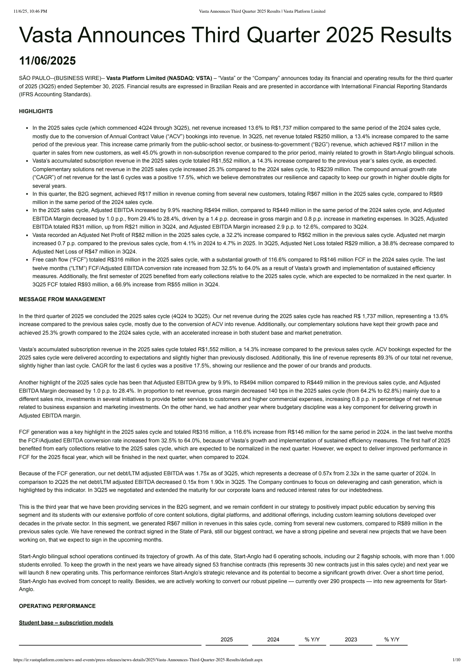 Vasta Platform's Q3 2025 Earnings Release