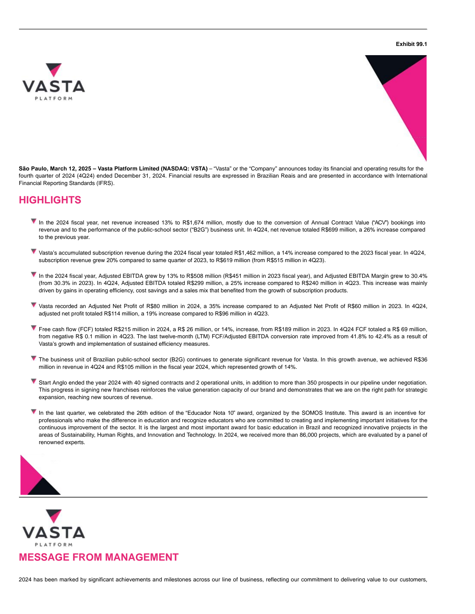Vasta Platform's Q4 2024 Press Release