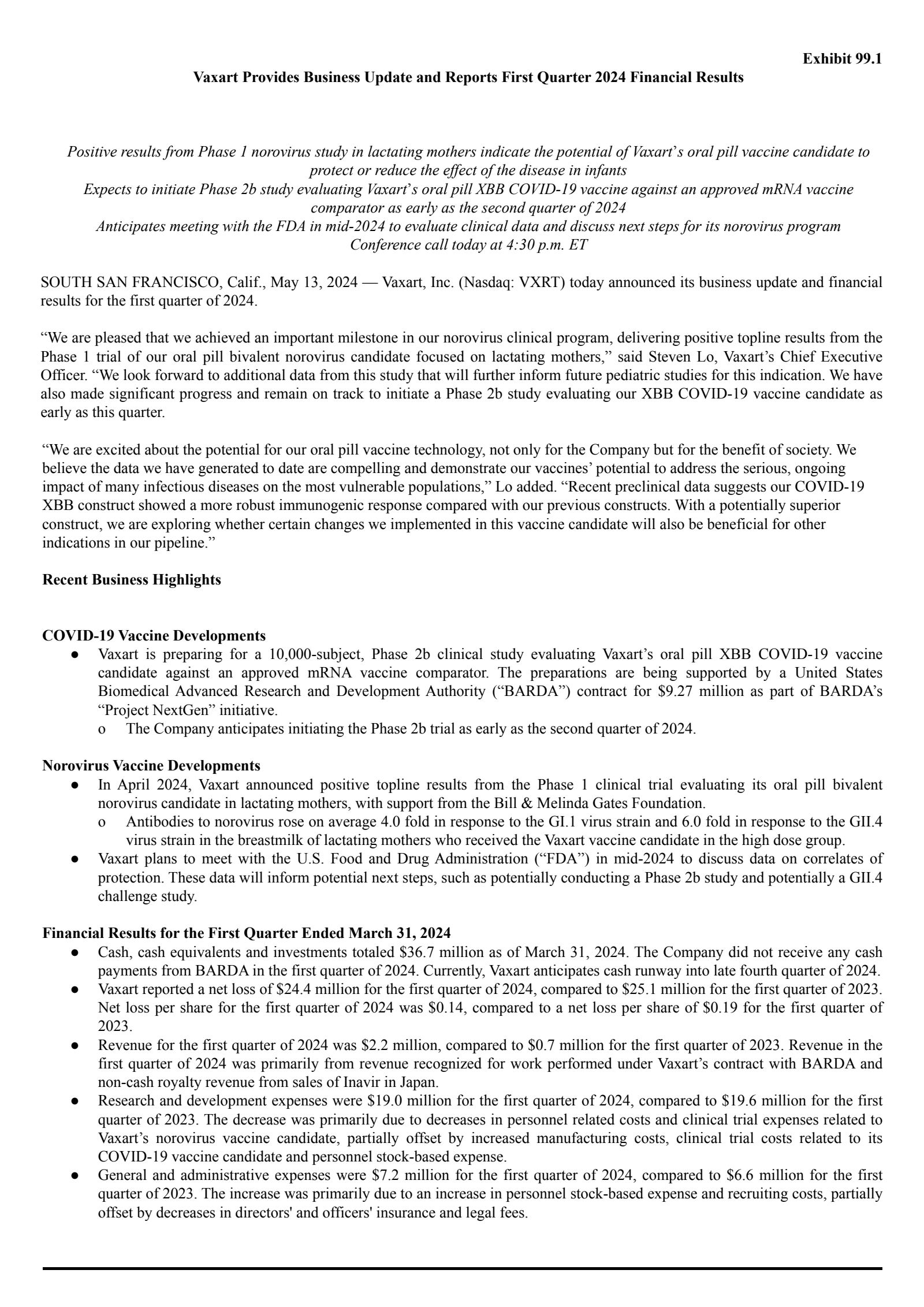 Vaxart's Q1 2024 Press Release