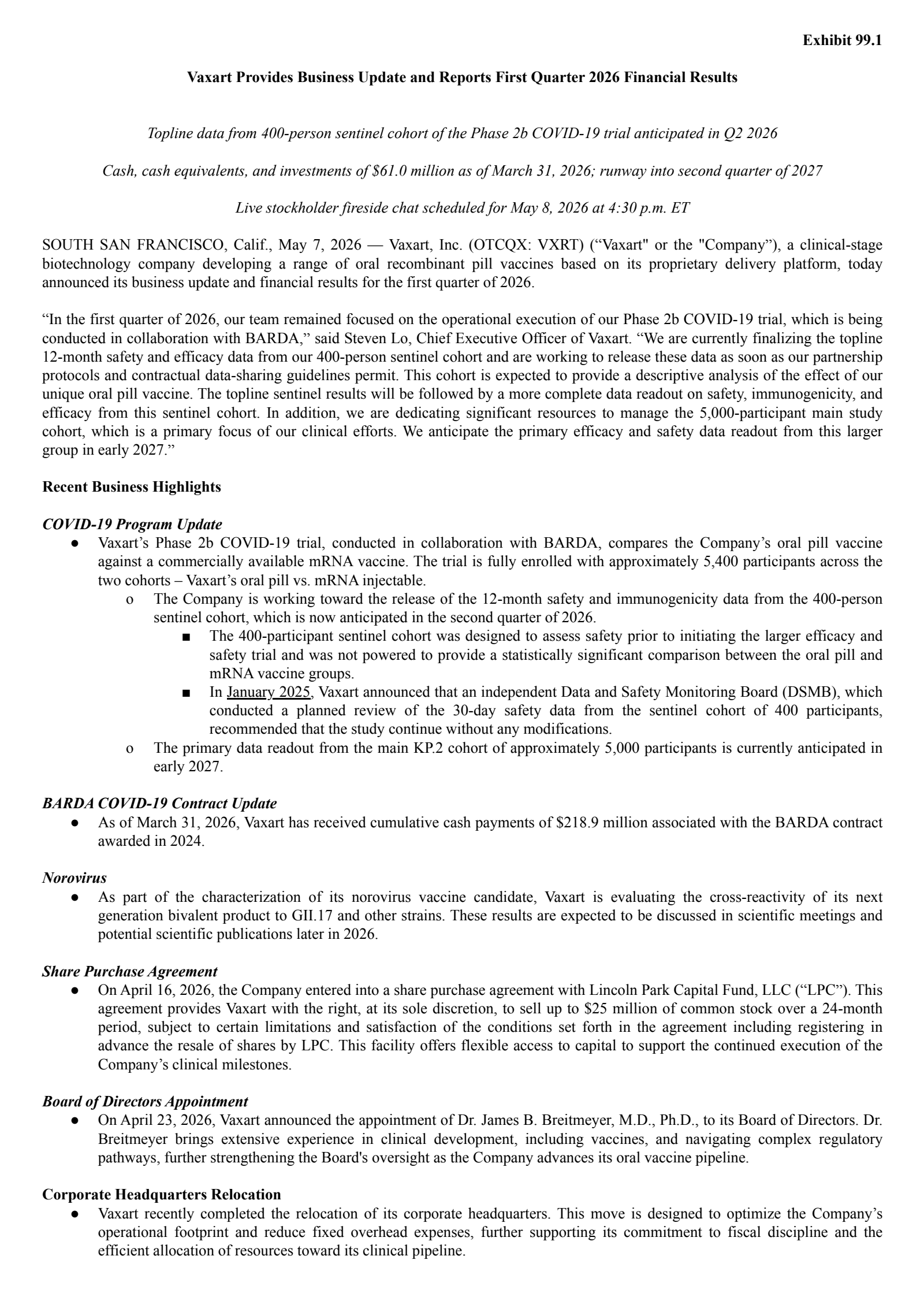 Vaxart's Q1 2026 Press Release
