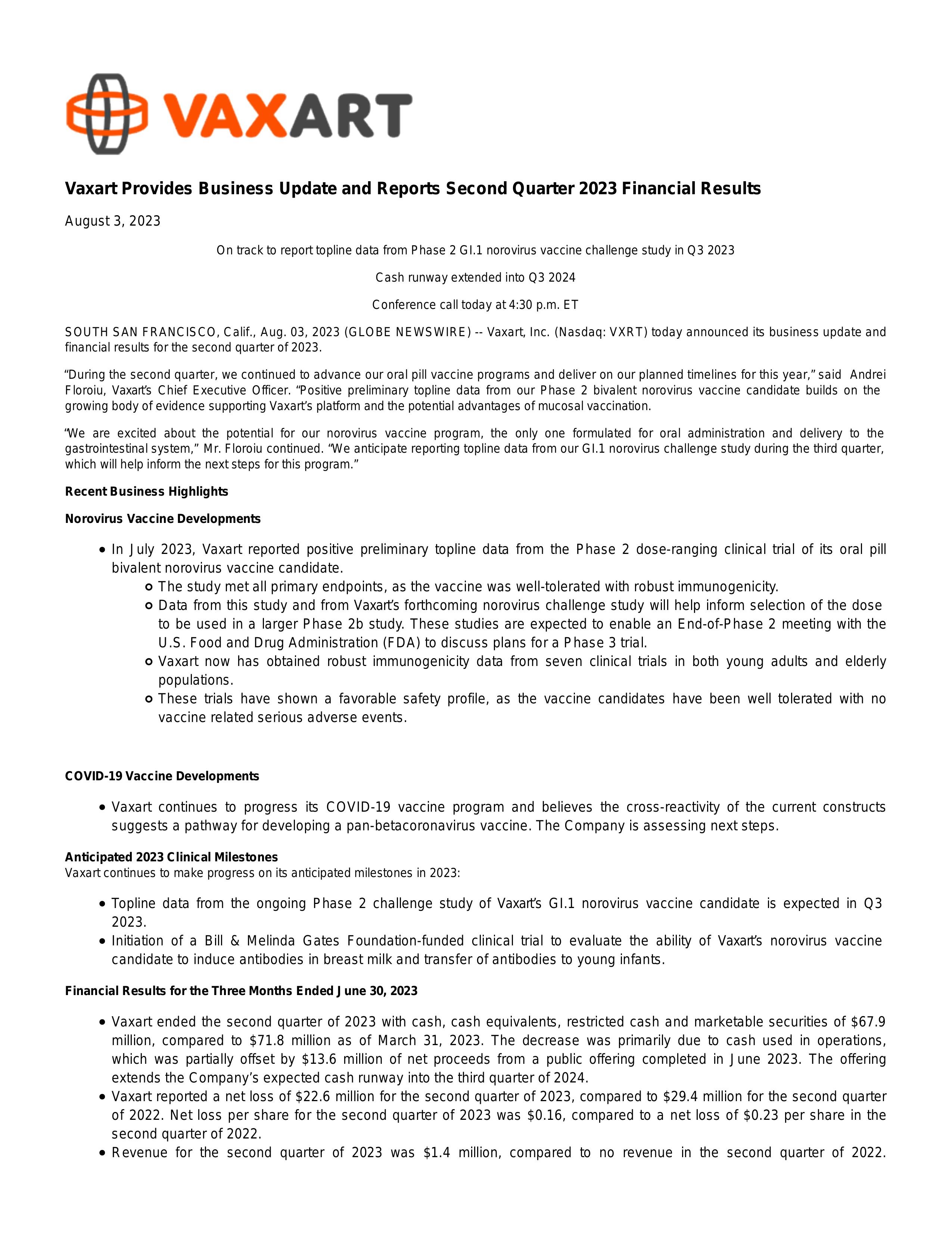 Vaxart's Q2 2023 Press Release