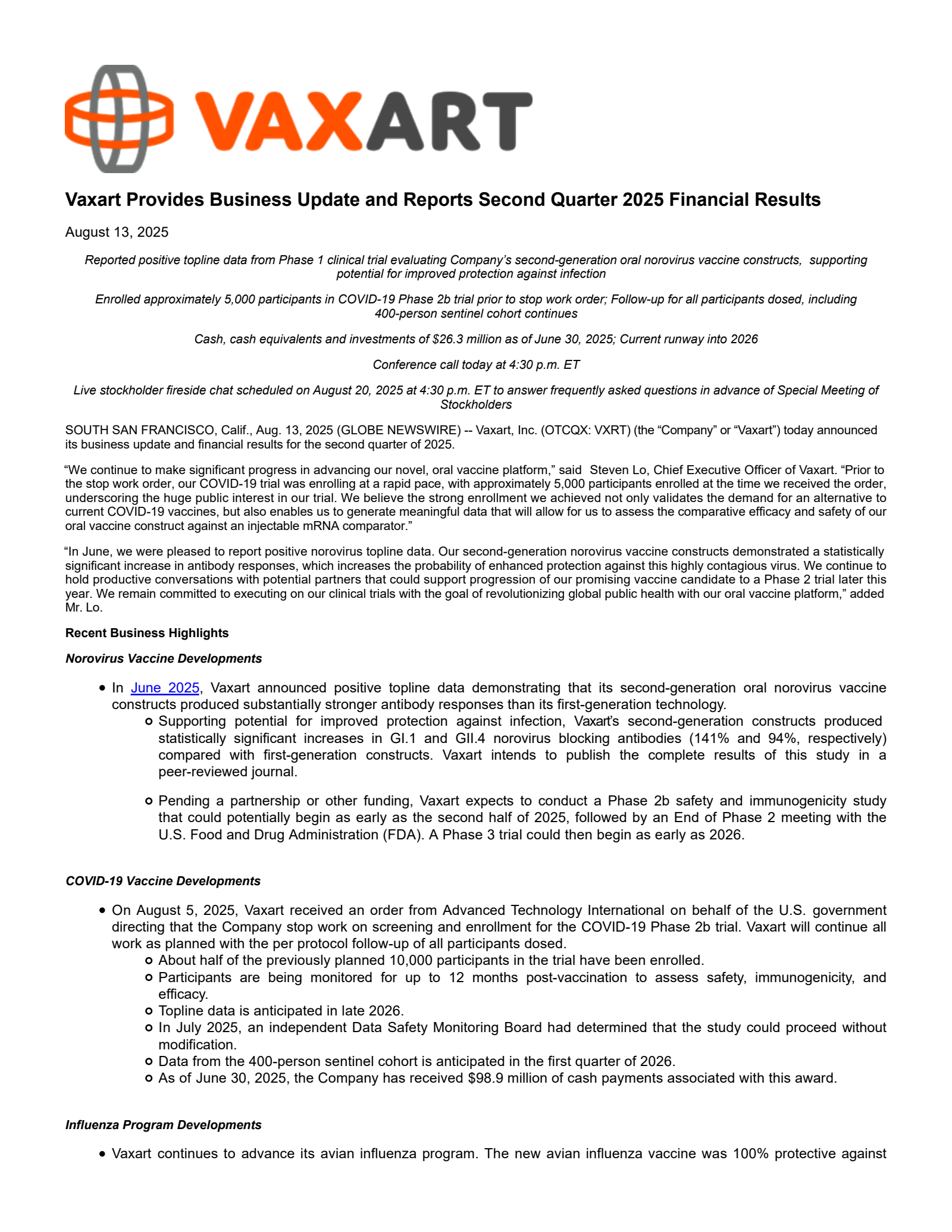 Vaxart's Q2 2025 Press Release