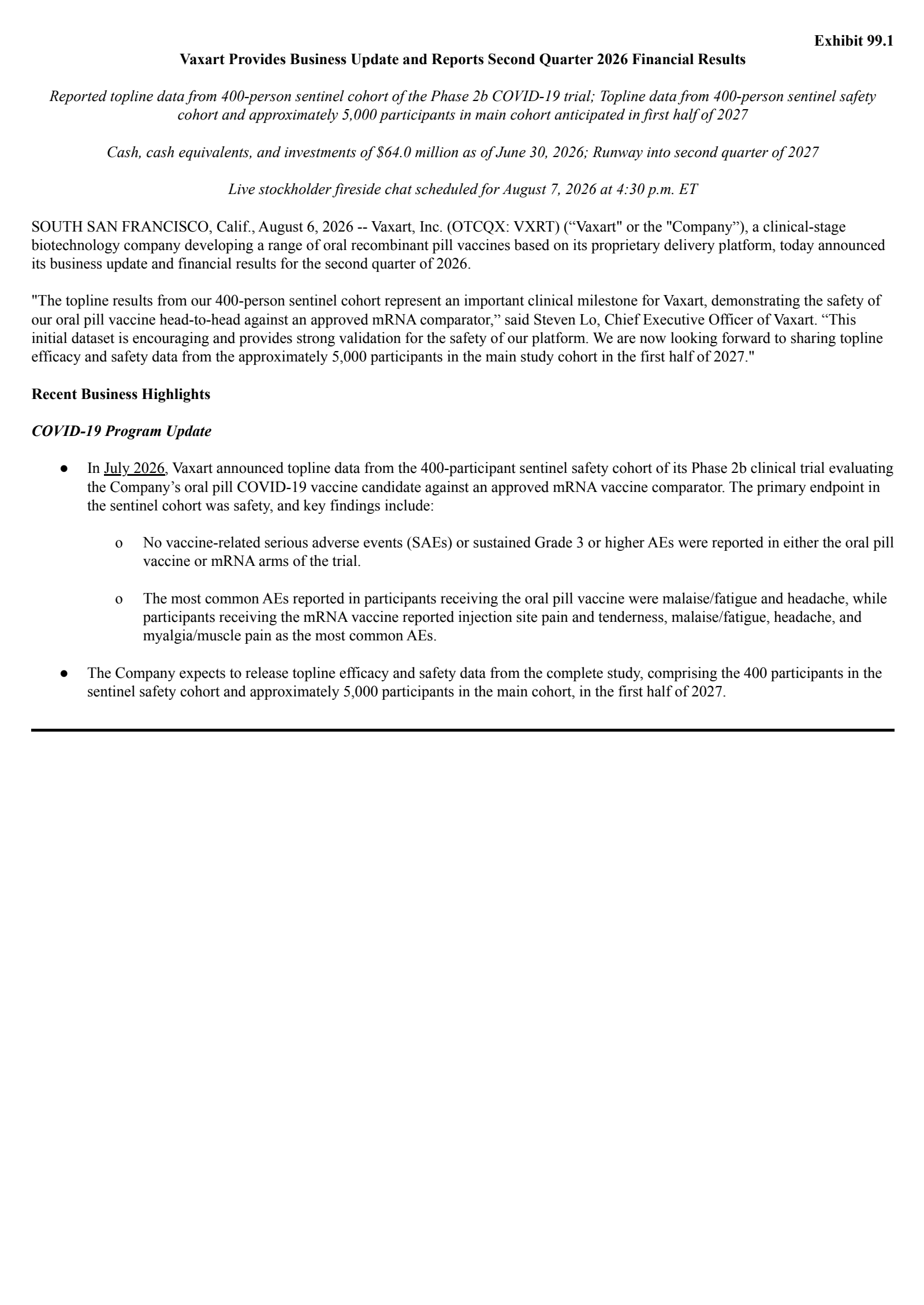 Vaxart's Q2 2026 Press Release