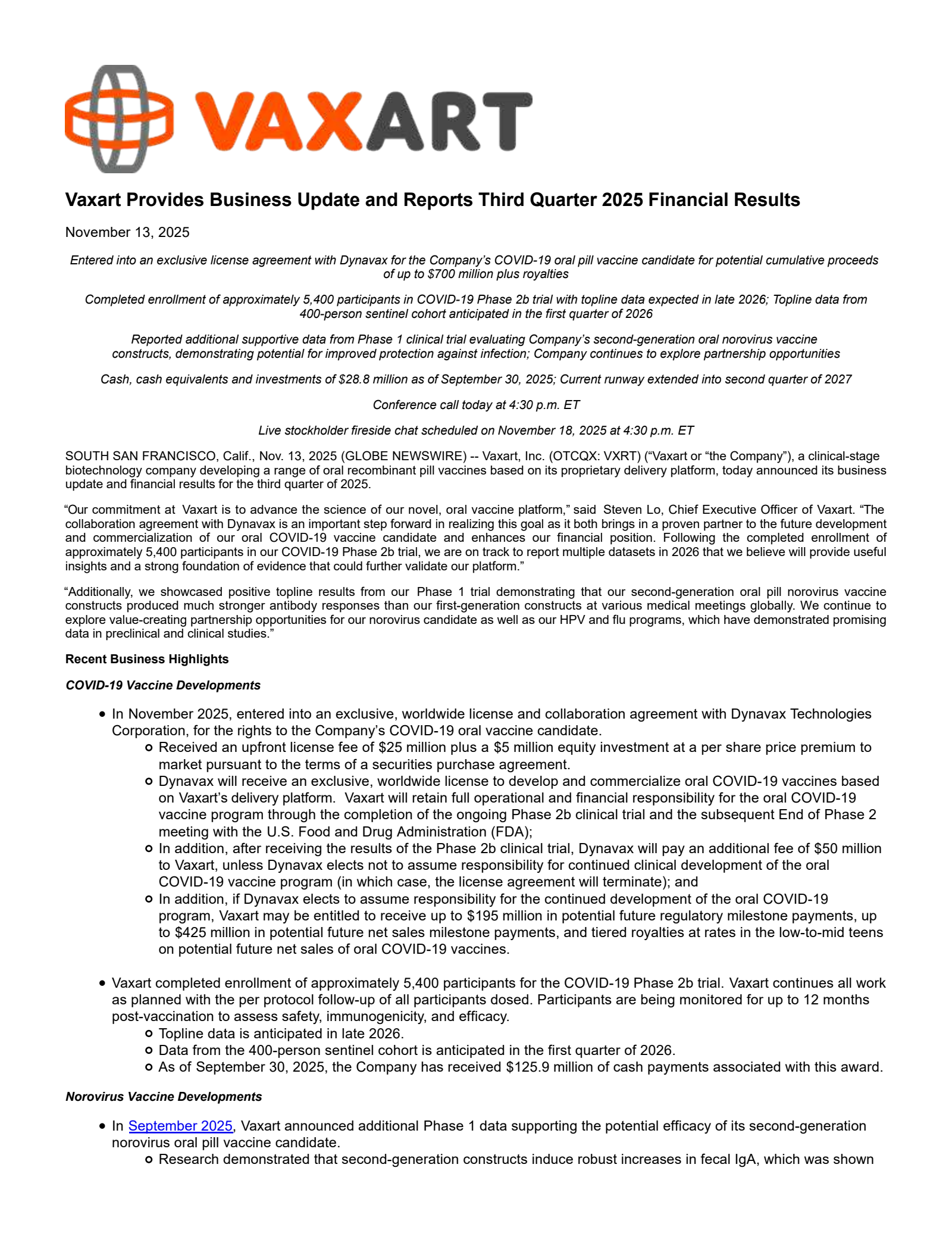 Vaxart's Q3 2025 Earnings Release