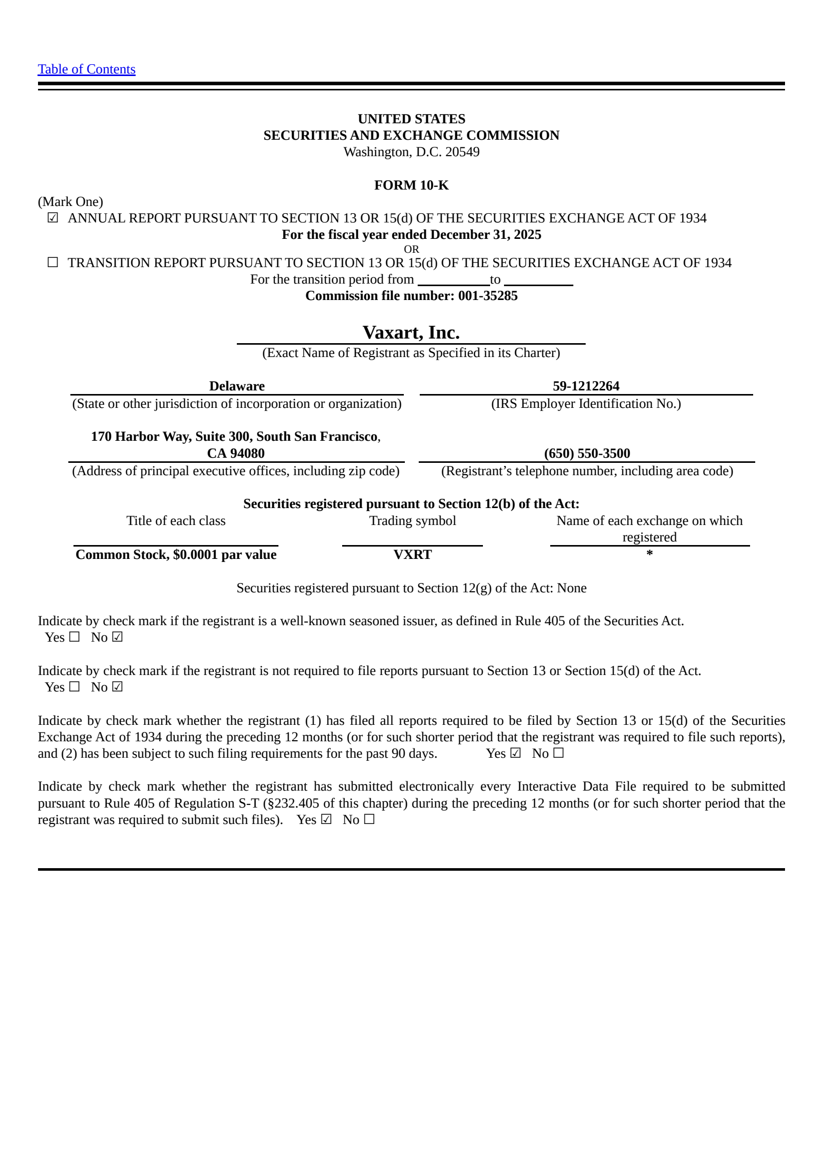 Vaxart's Q4 2025 Annual report