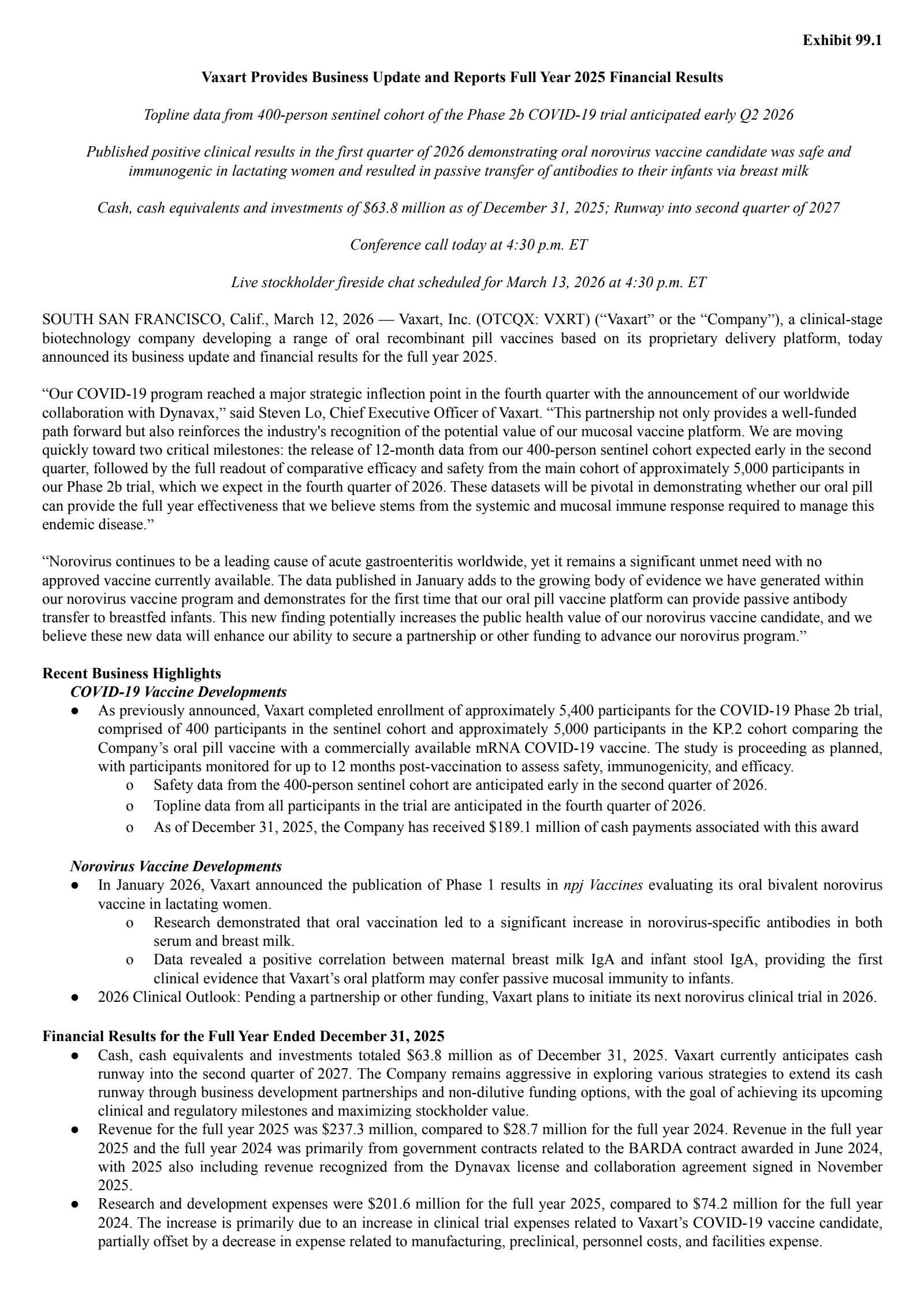 Vaxart's Q4 2025 Press Release