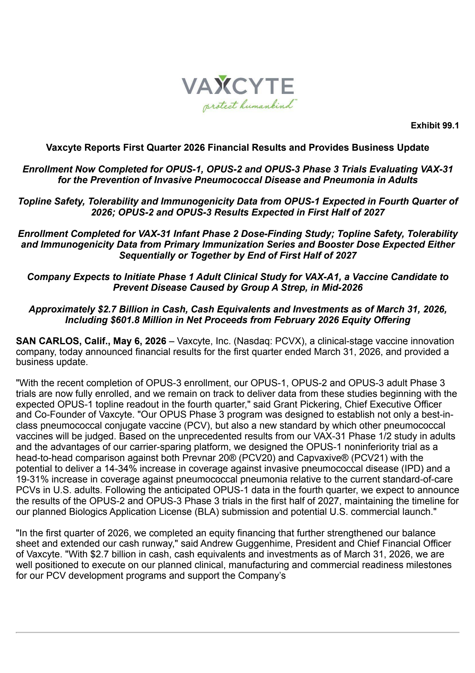 Vaxcyte's Q1 2026 Press Release