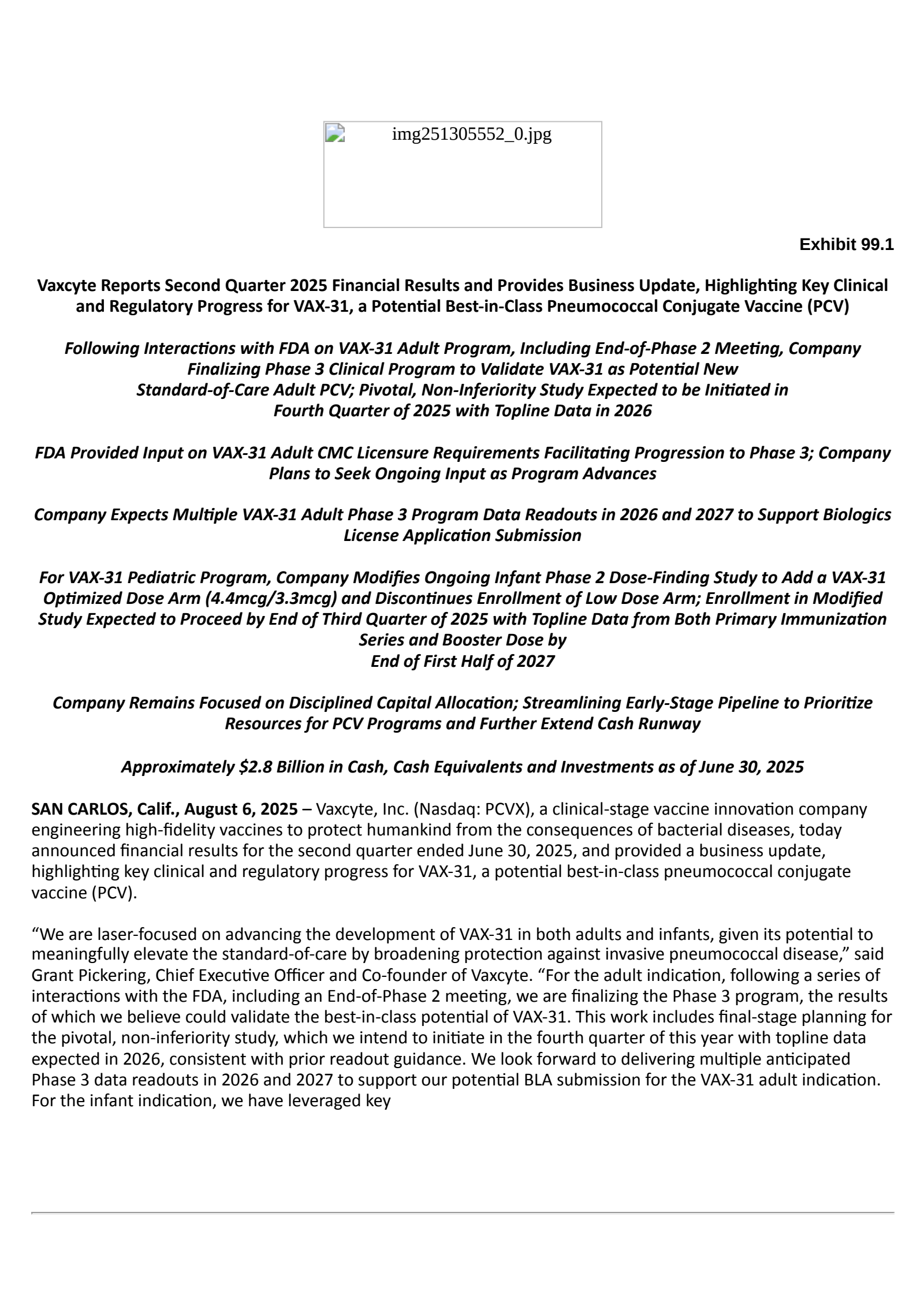 Vaxcyte's Q2 2025 Press Release