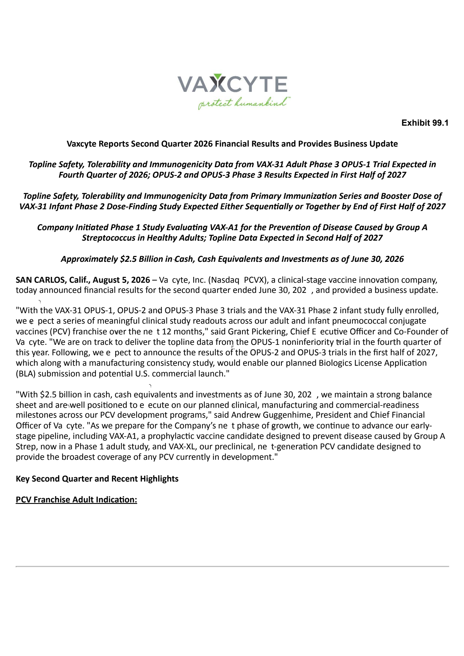 Vaxcyte's Q2 2026 Press Release
