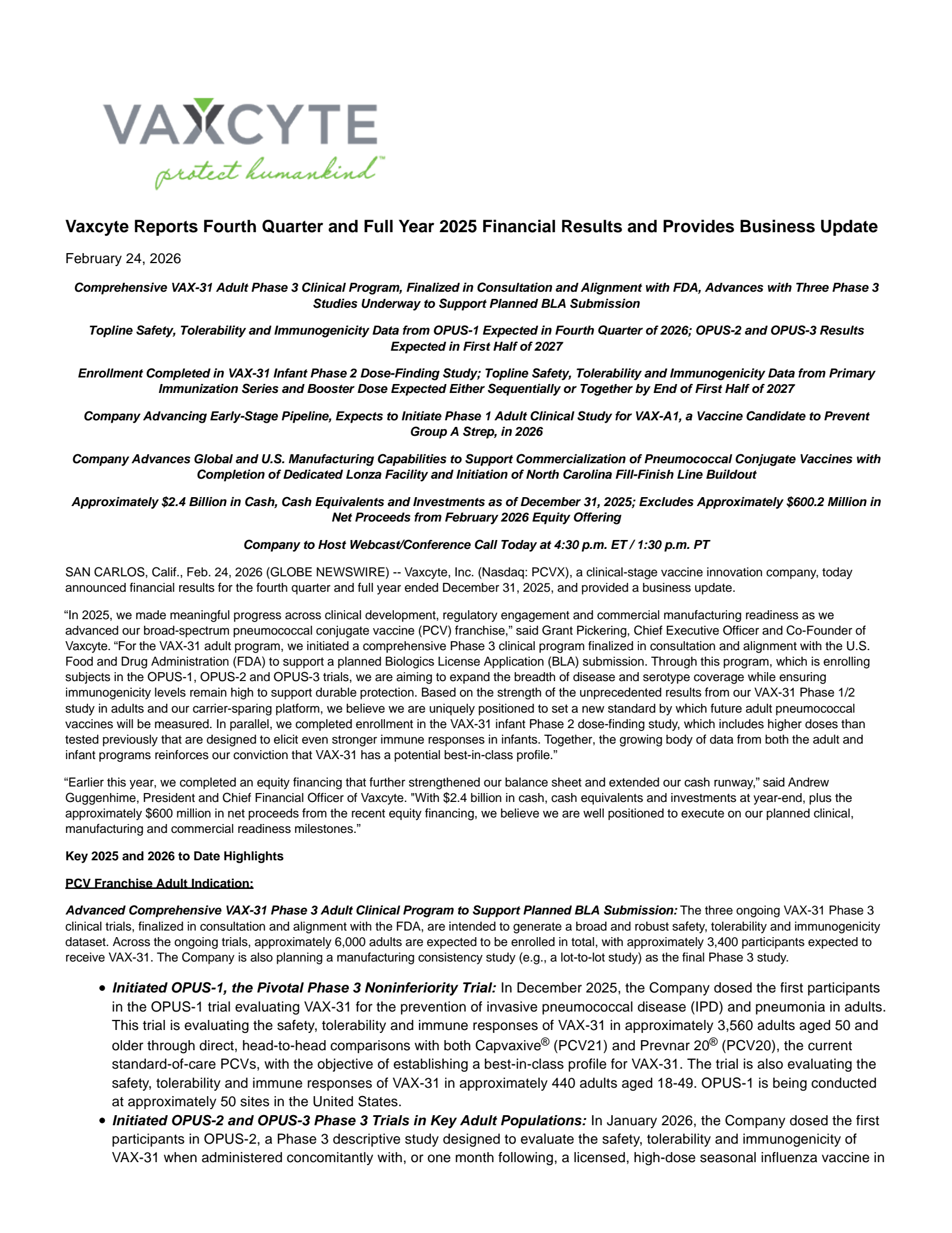 Vaxcyte's Q4 2025 Press Release
