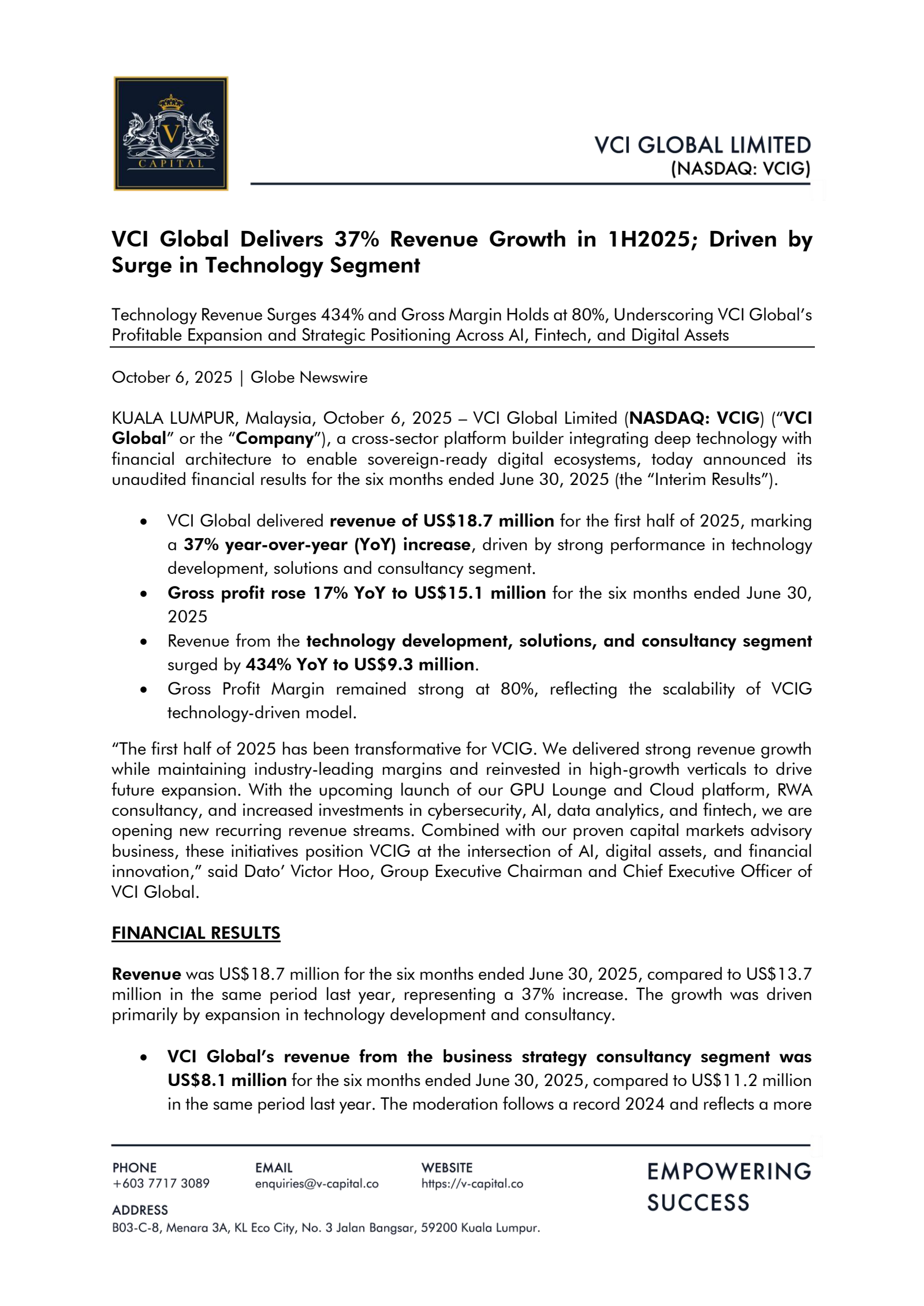 VCI Global's H1 2025 Earnings Release