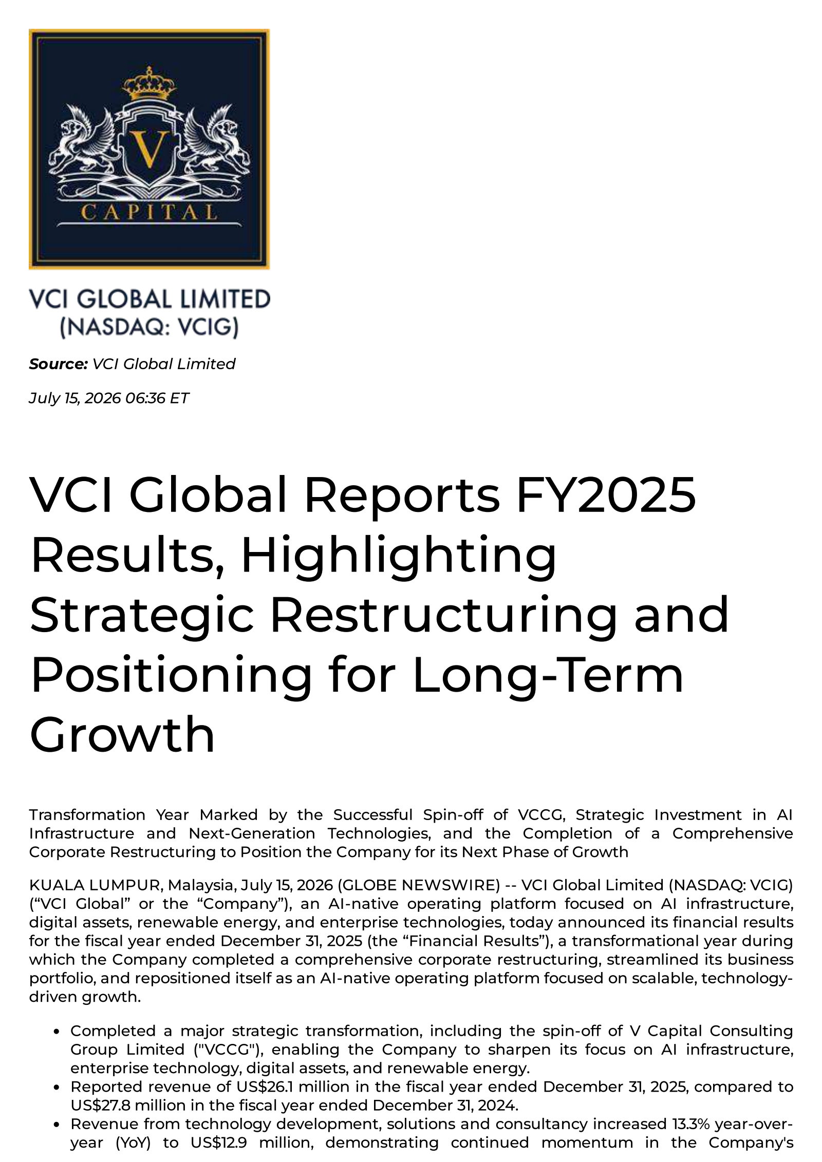 VCI Global's H2 2025 Press Release