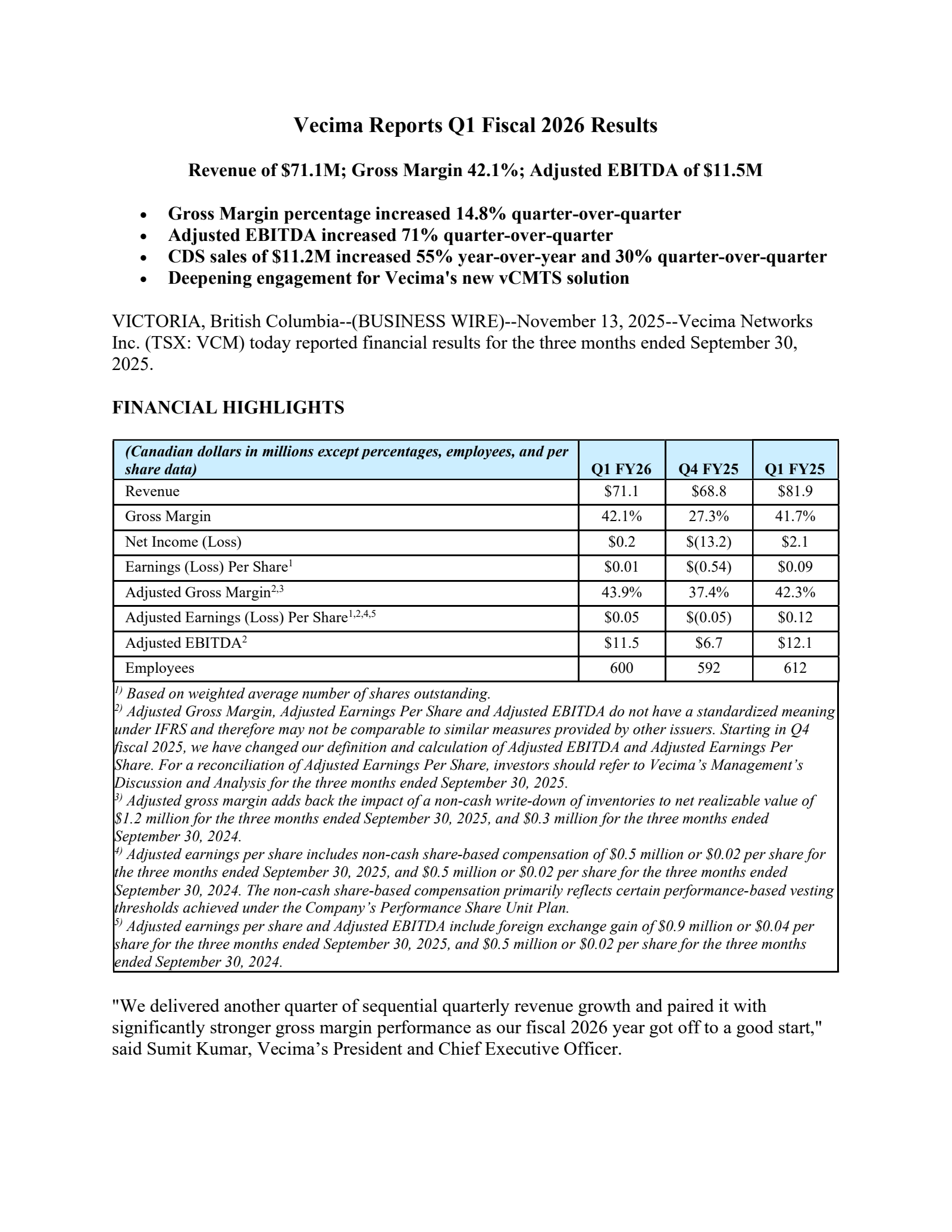 Vecima Networks' Q1 2026 Earnings Release