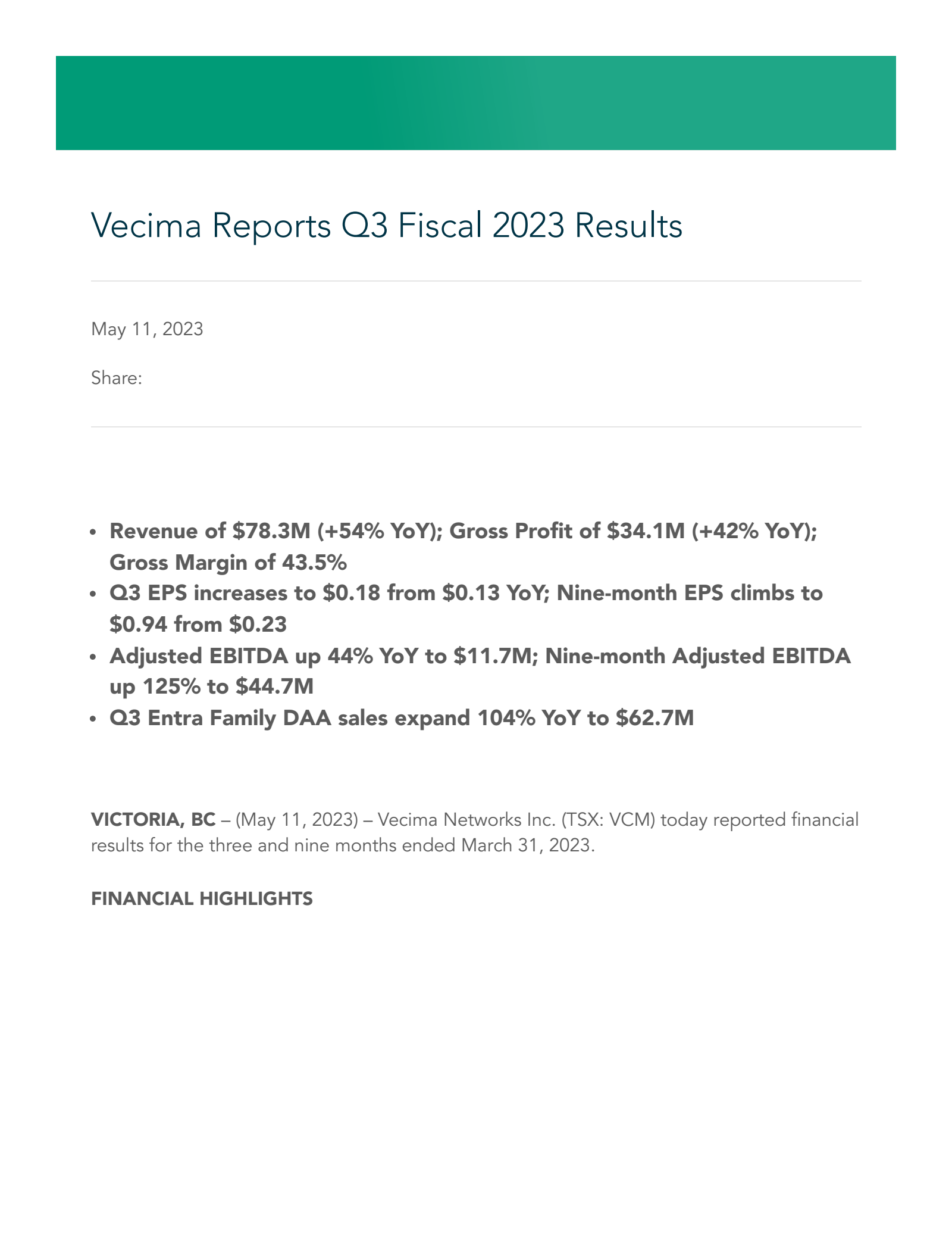 Vecima Networks' Q3 2023 Report