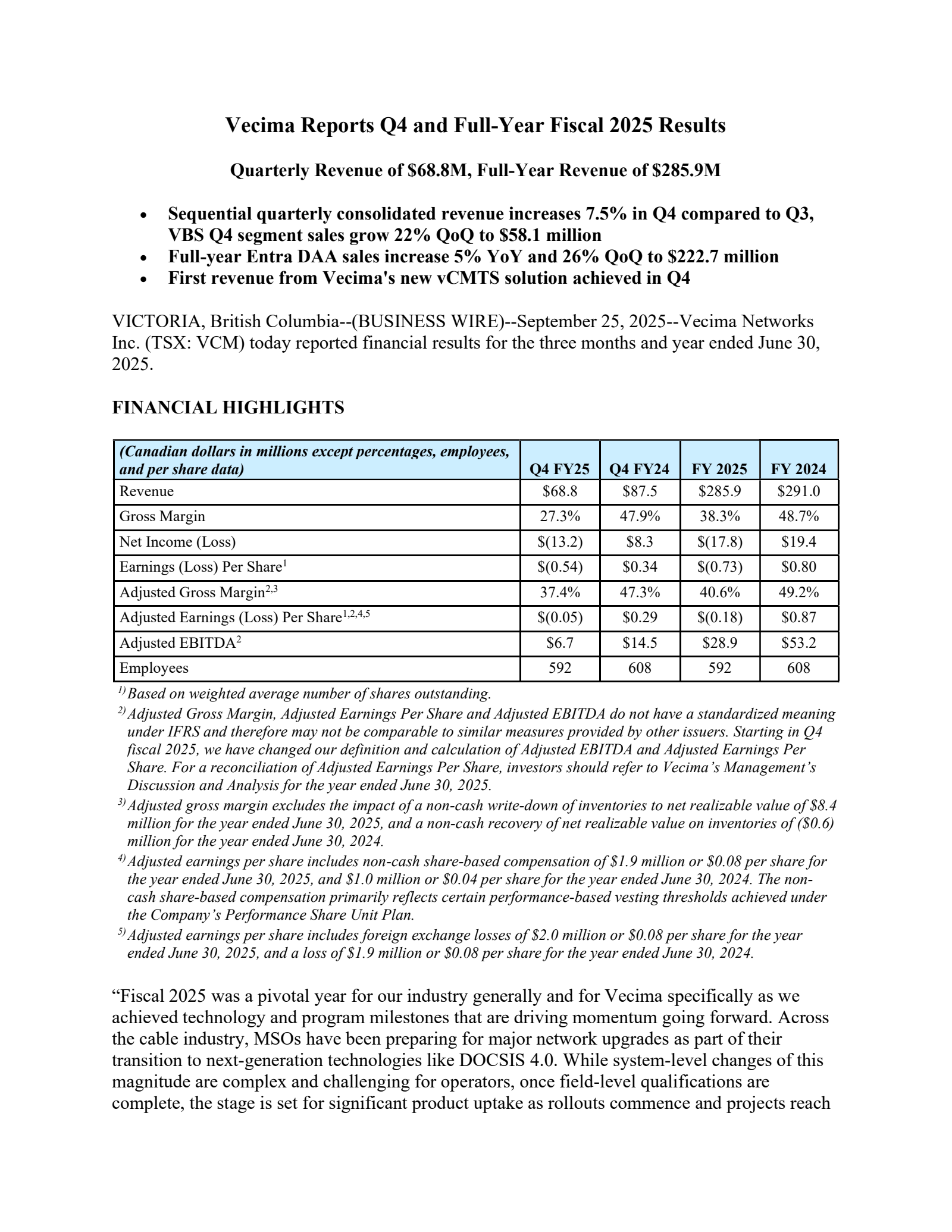Vecima Networks' Q4 2025 Earnings Release