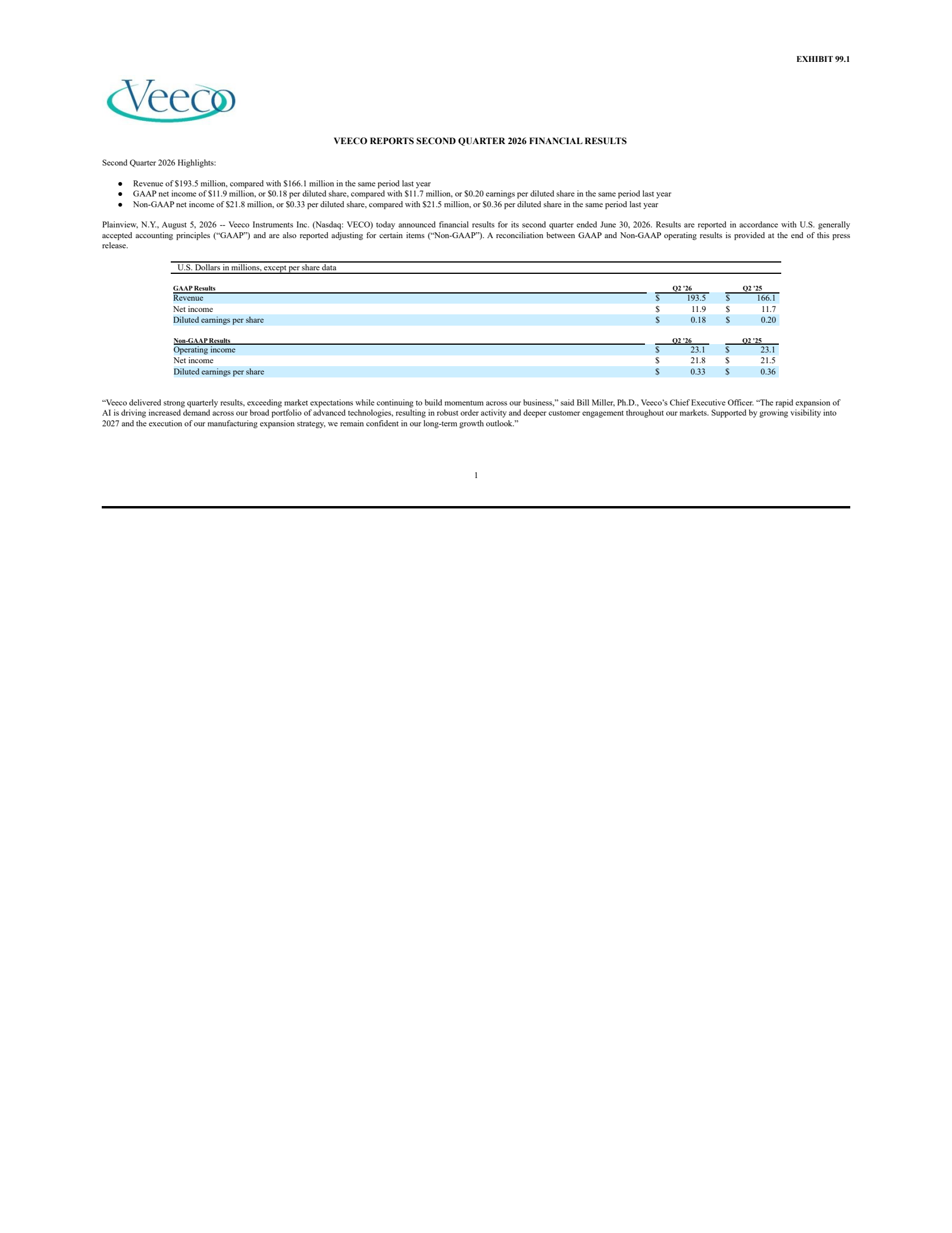 Veeco Instruments' Q2 2026 Press Release