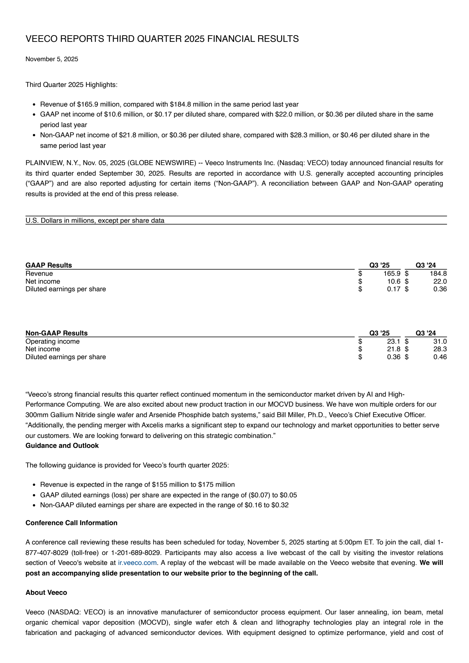 Veeco Instruments' Q3 2025 Earnings Release