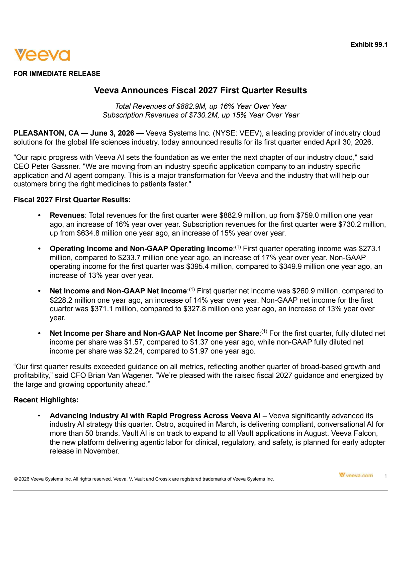 Veeva Systems' Q1 2027 Press Release