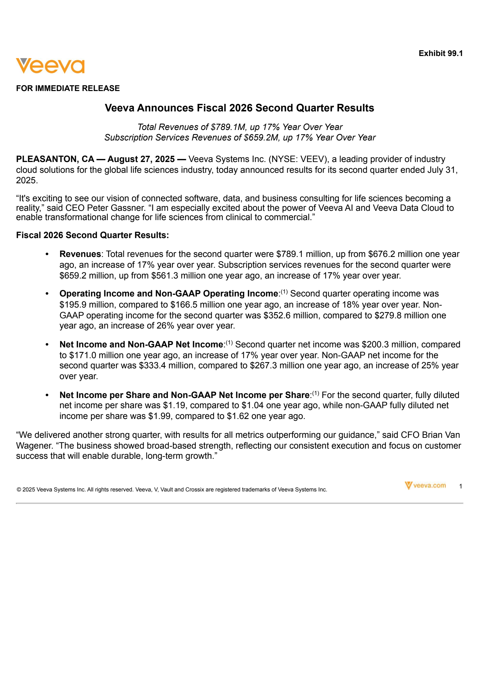 Veeva Systems' Q2 2026 Press Release