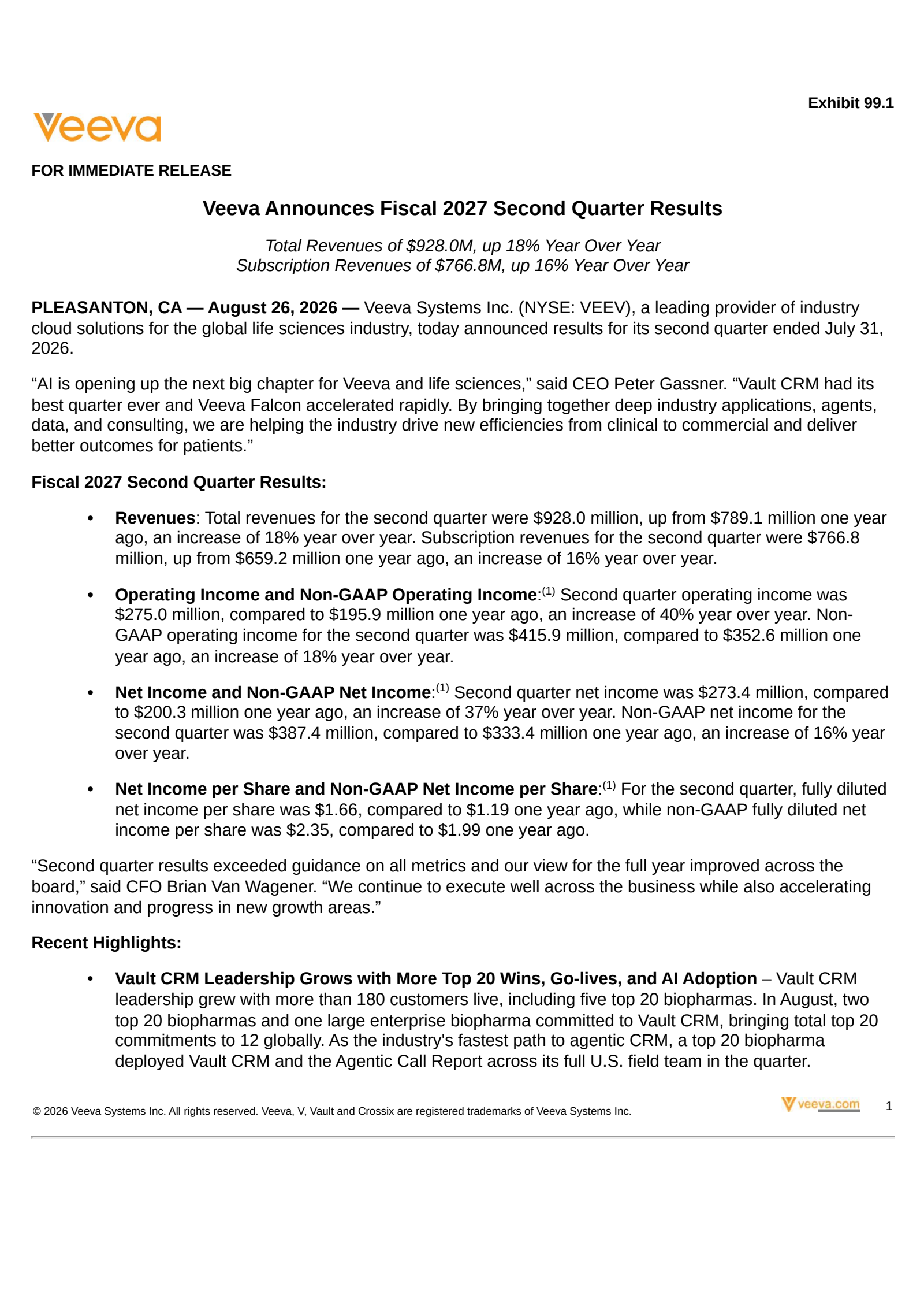 Veeva Systems' Q2 2027 Press Release