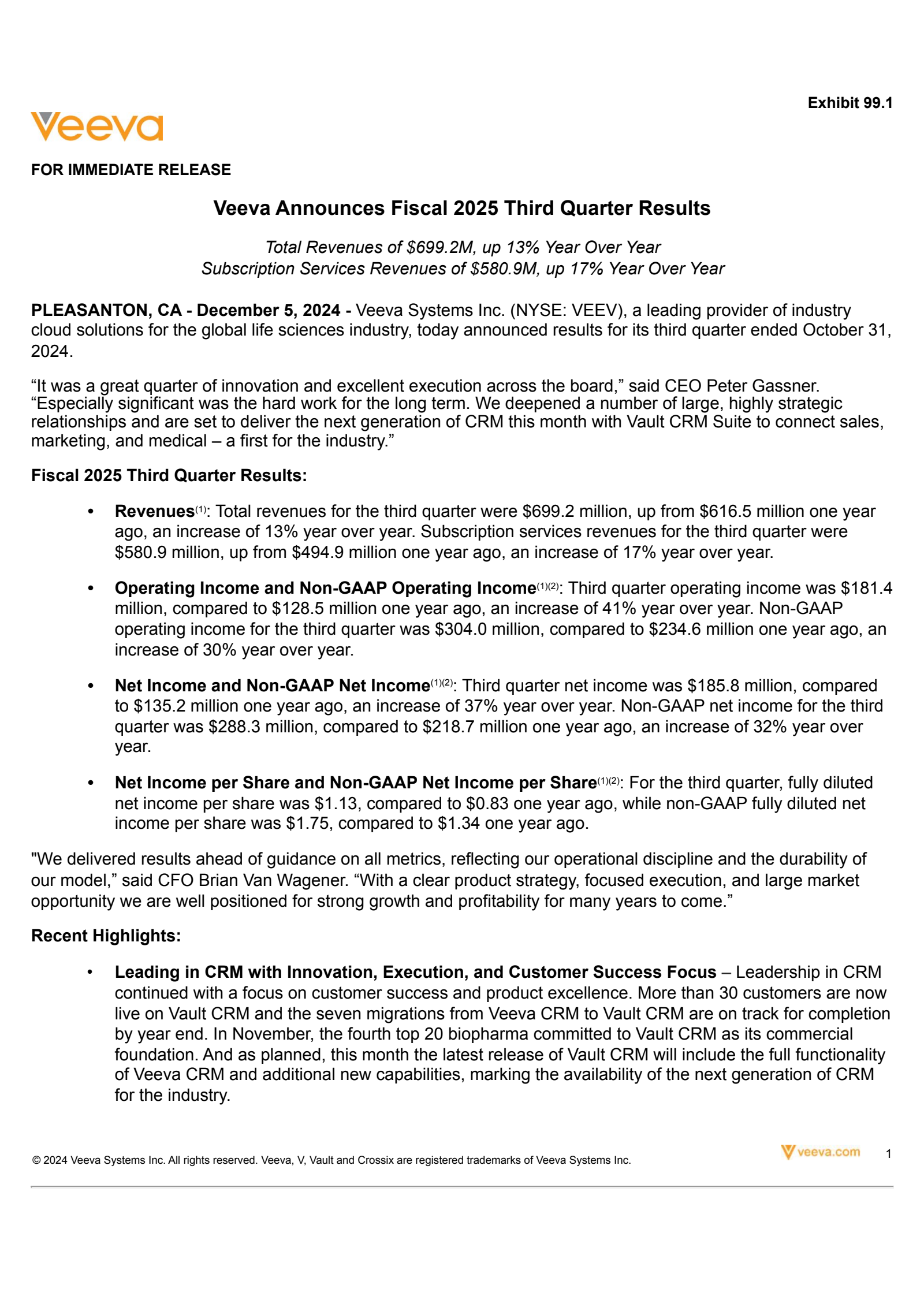 Veeva Systems' Q3 2025 Press Release