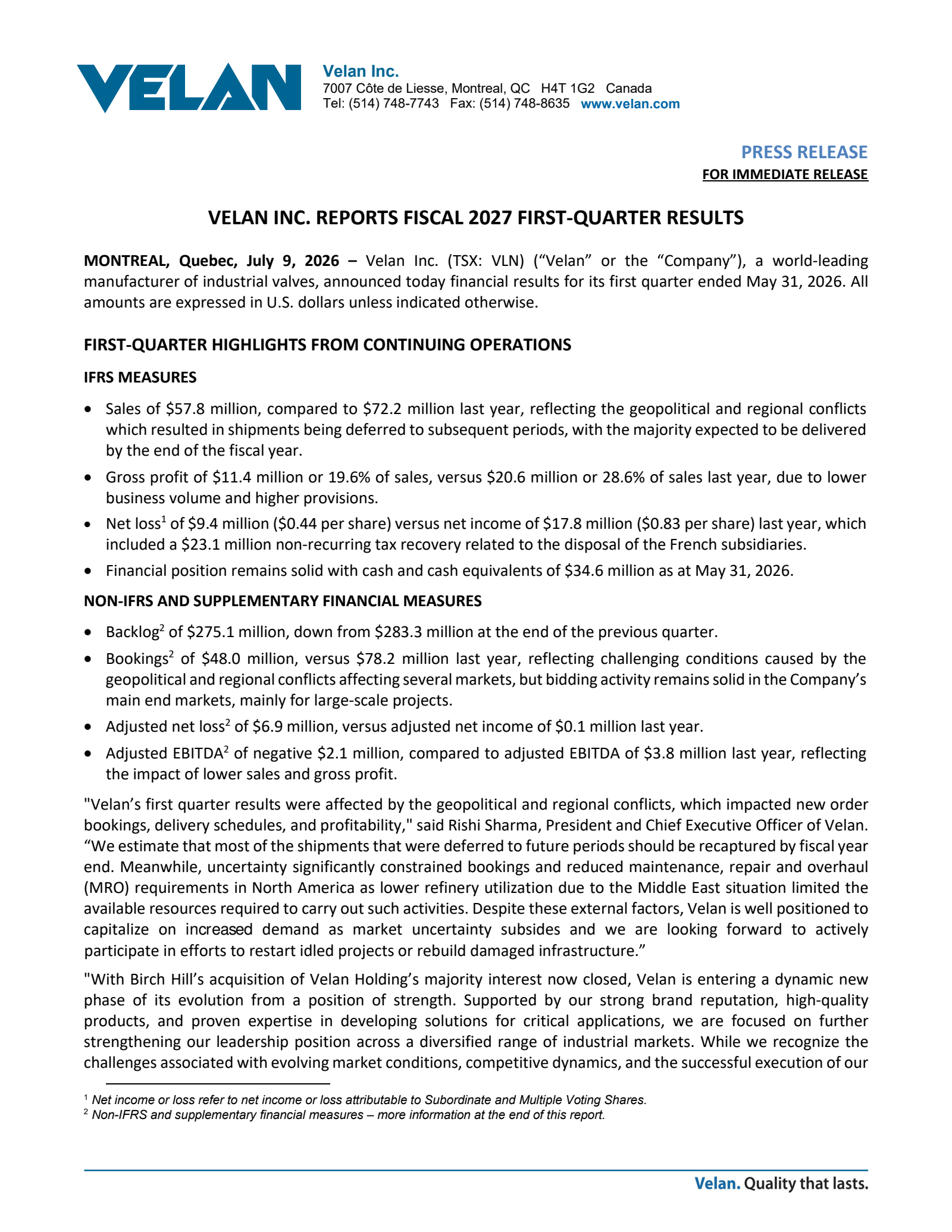 Velan's Q1 2027 Press Release