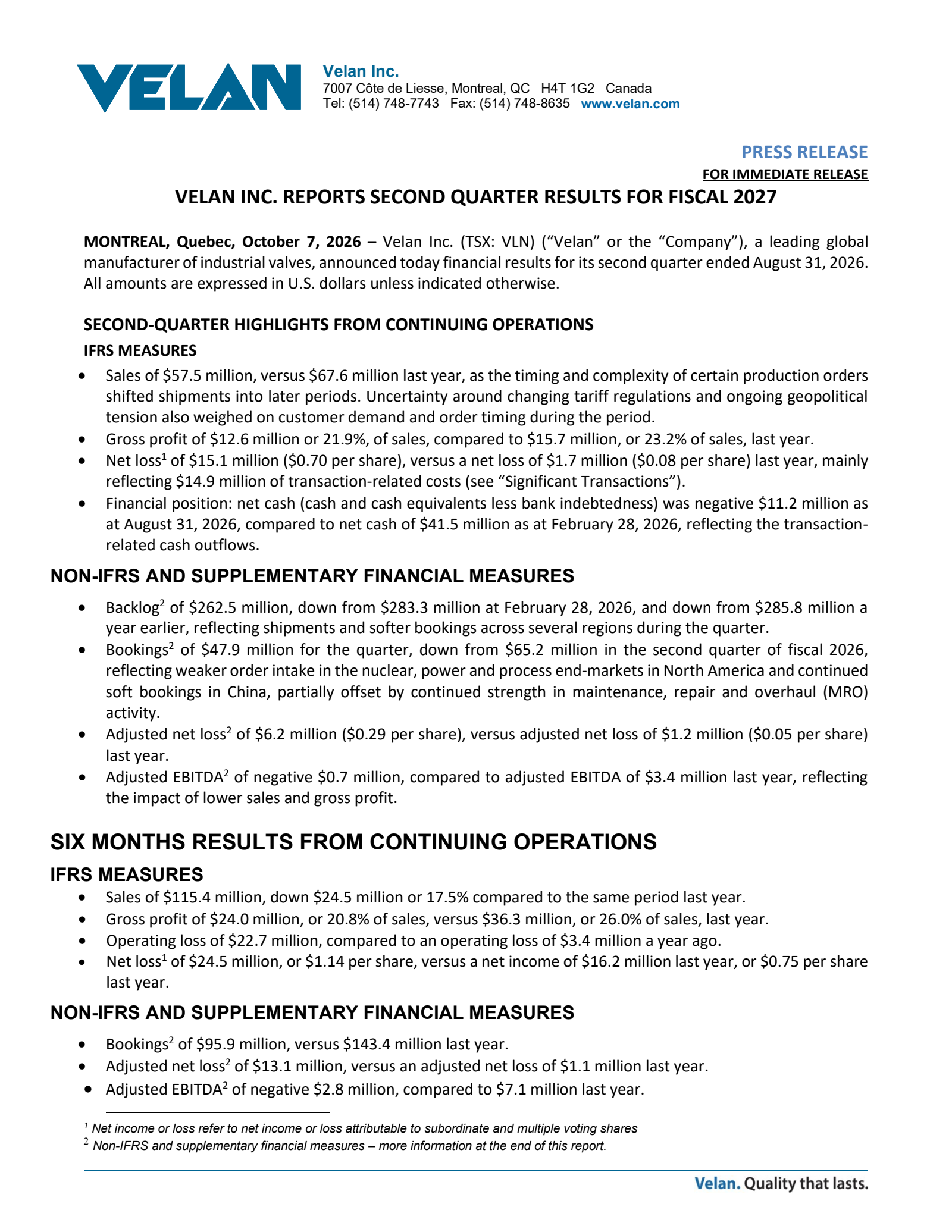 Velan's Q2 2027 Press Release